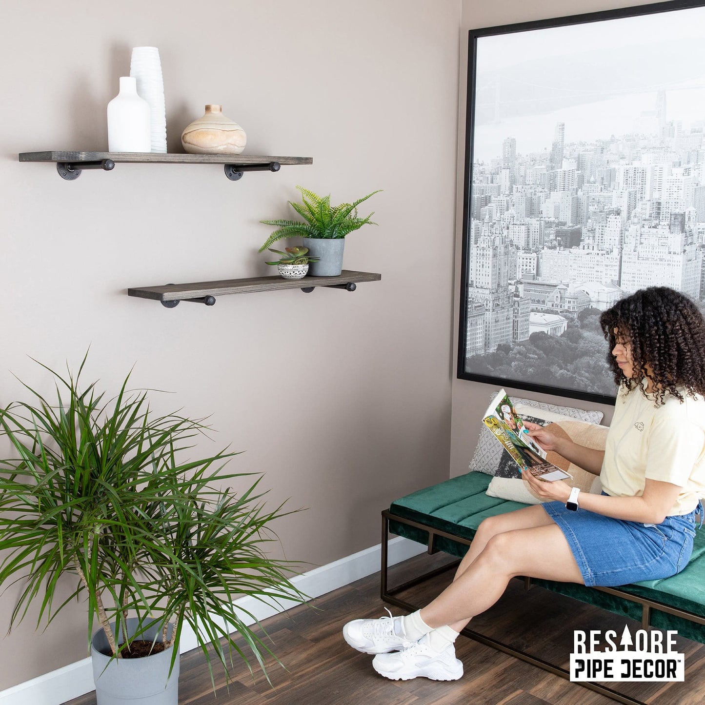 RESTORE Boulder Black 36 in. Shelves with Noir Pre-finished Straight Brackets