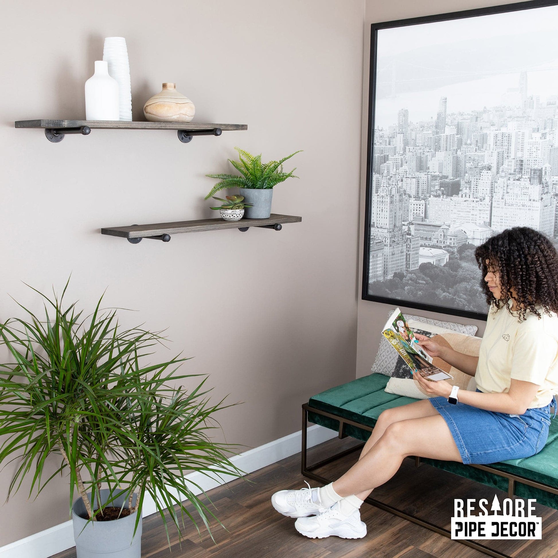 RESTORE Boulder Black 36 in. Shelves with Noir Pre-finished Straight Brackets