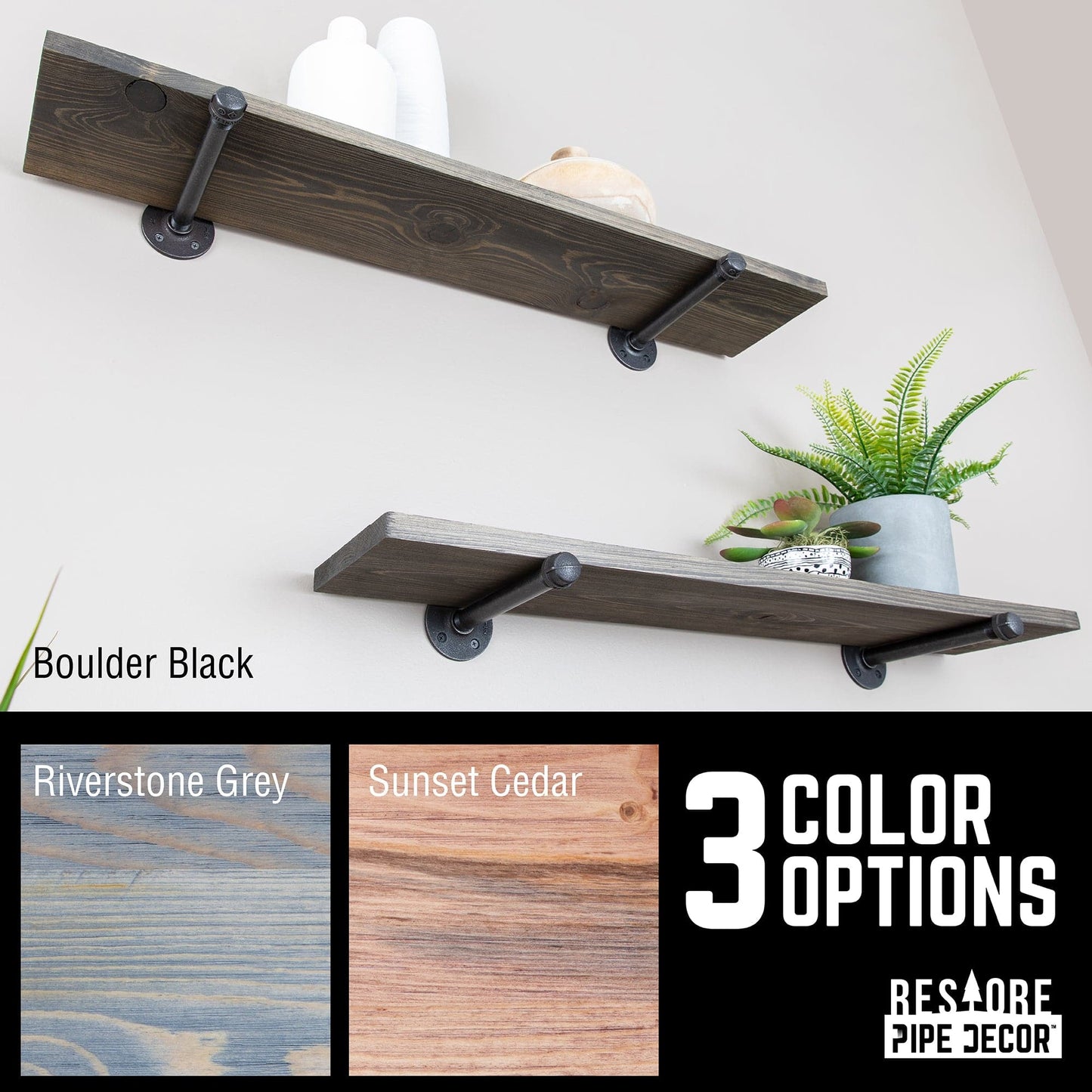 RESTORE Boulder Black 36 in. Shelves with Noir Pre-finished Straight Brackets