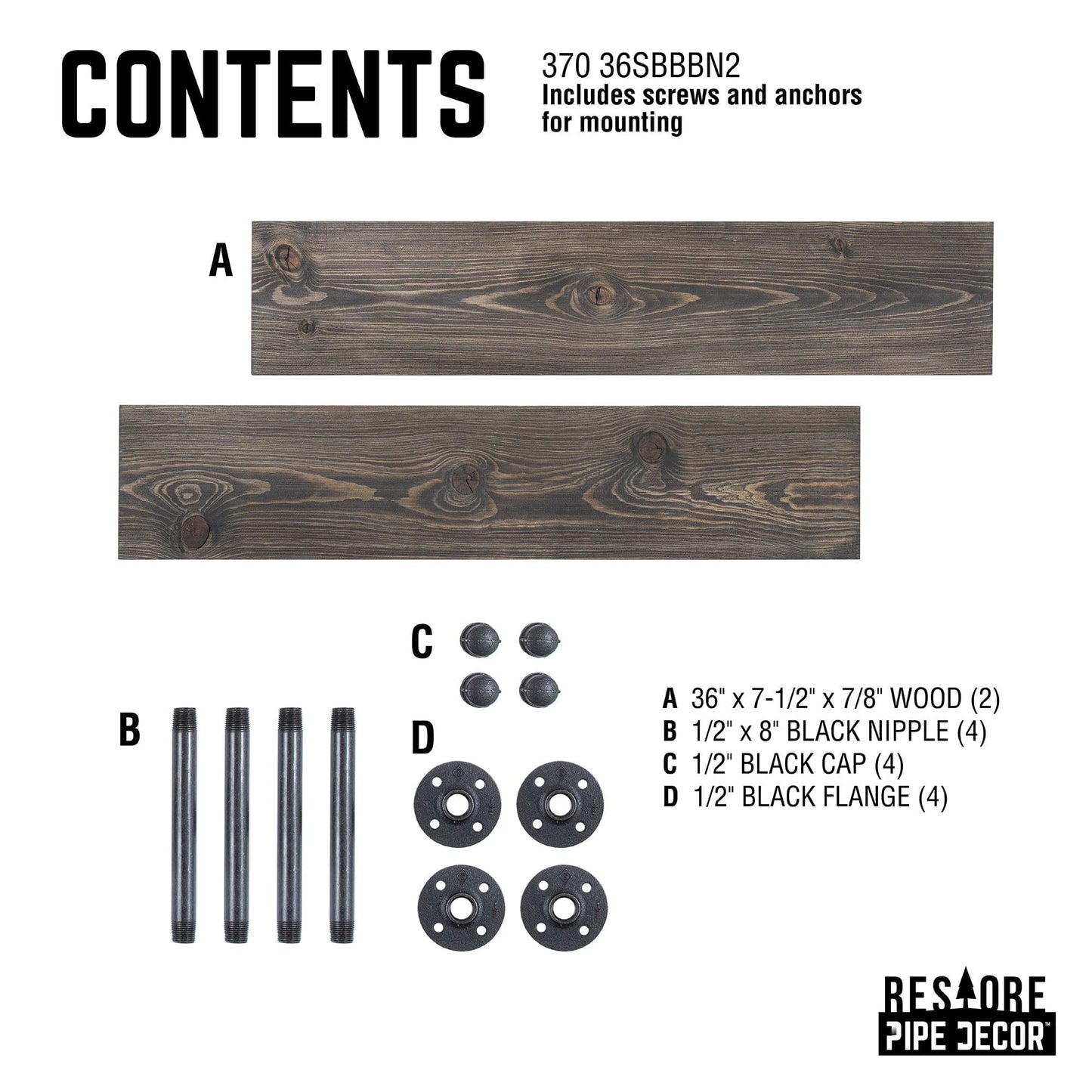 RESTORE Boulder Black 36 in. Shelves with Noir Pre-finished Straight Brackets