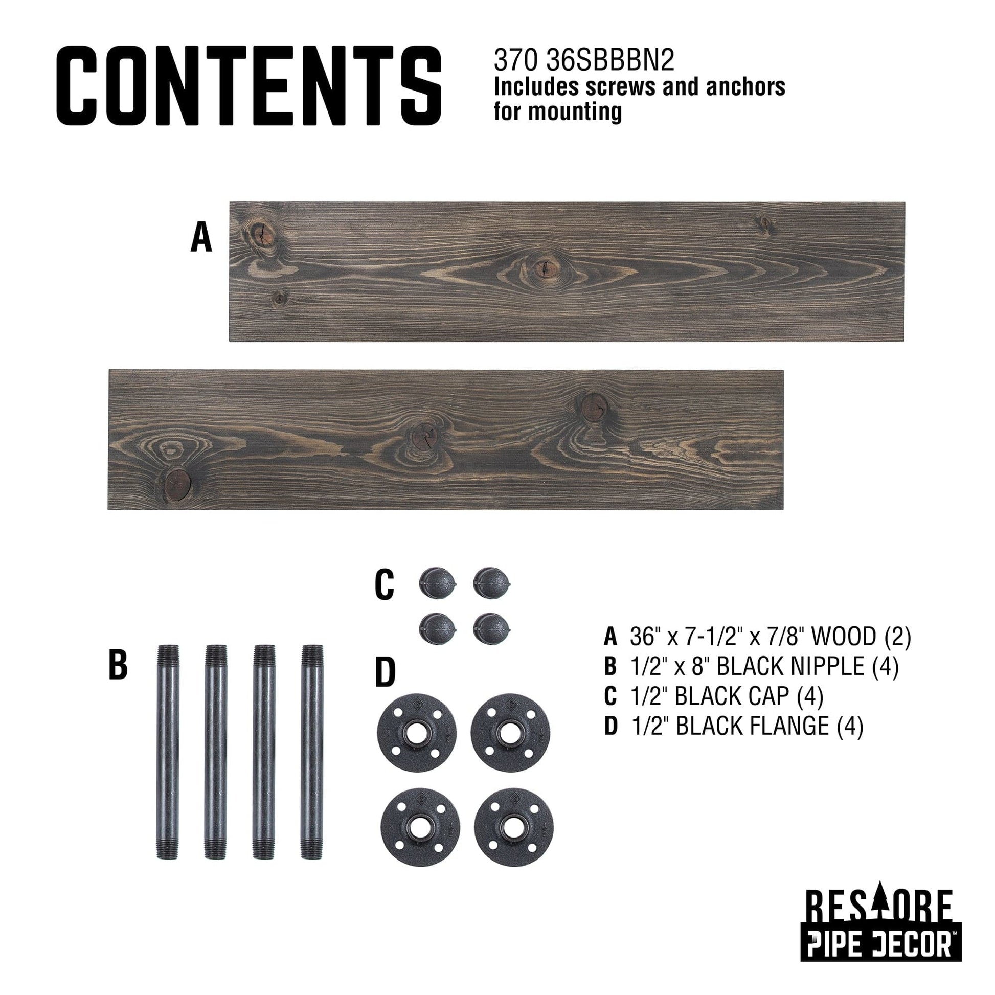 RESTORE Boulder Black 36 in. Shelves with Noir Pre-finished Straight Brackets