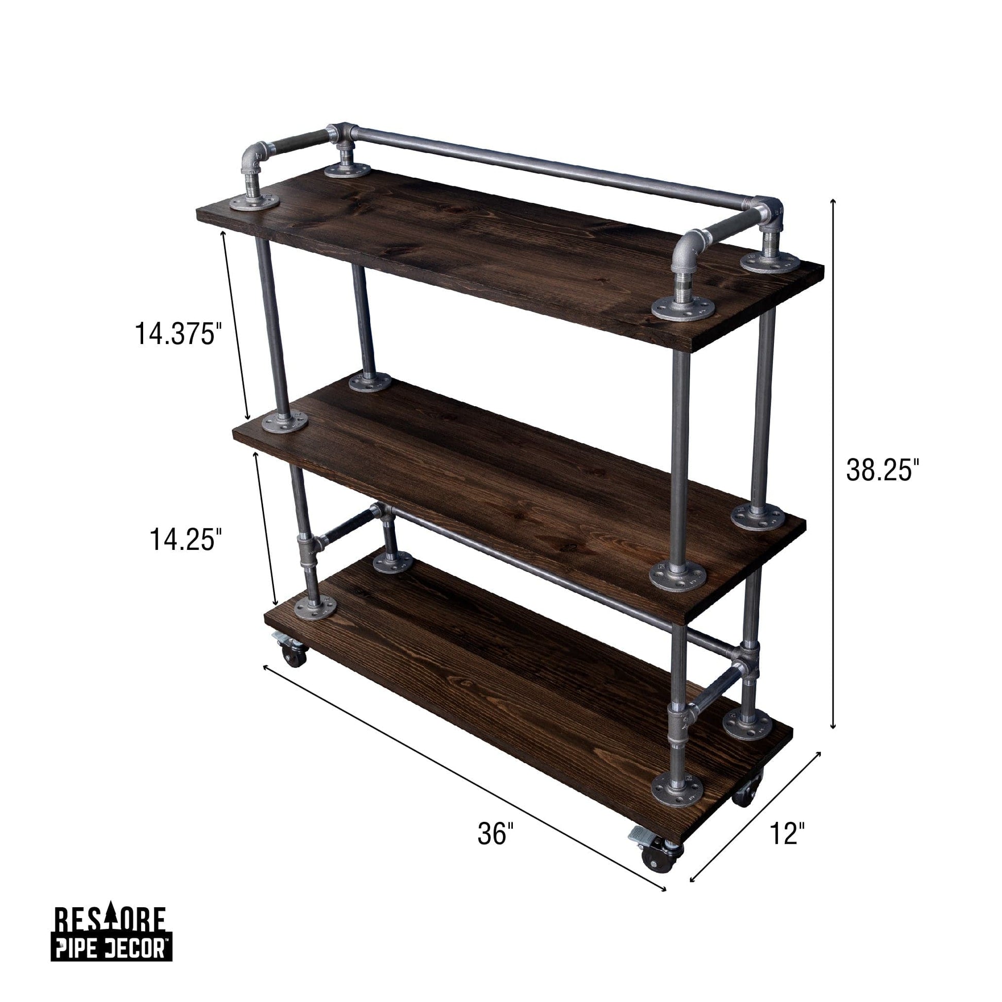 Three-tier Wood Shelf Industrial Bar Cart with Locking Wheels, Boulder Black