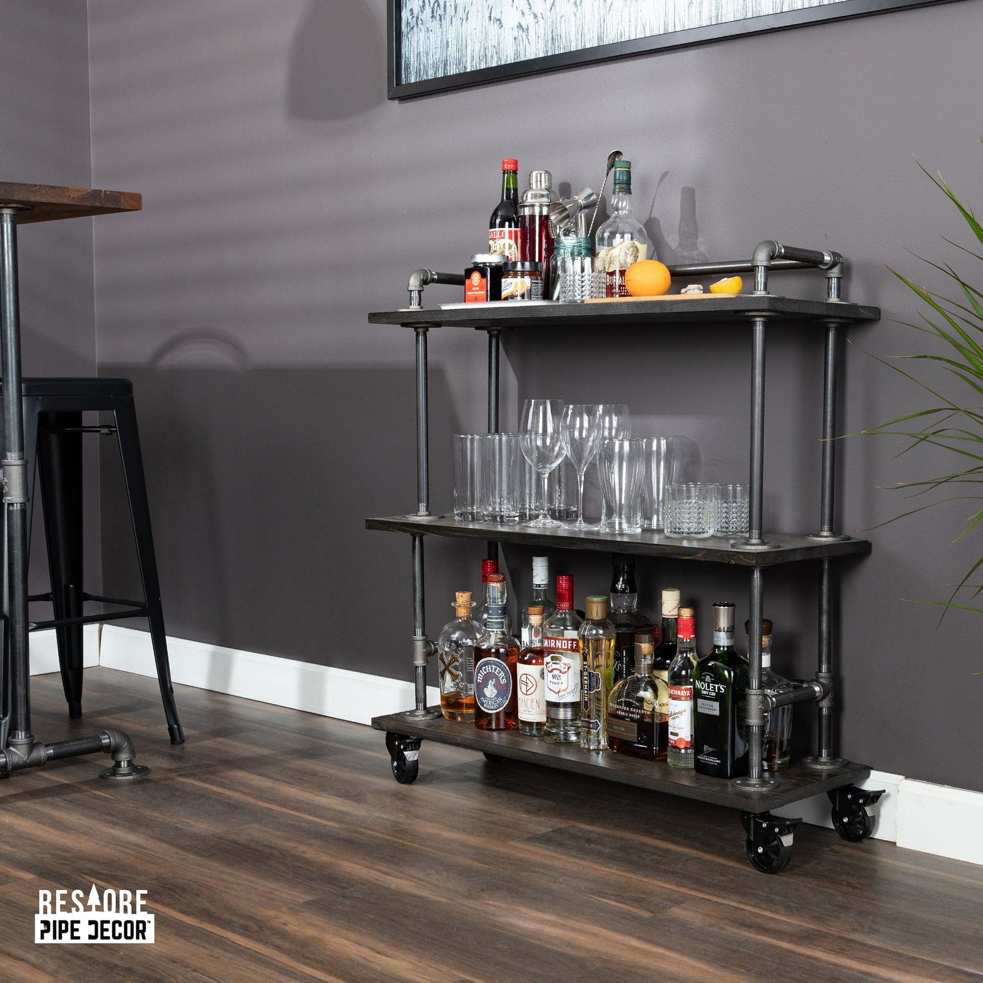 Three-tier Wood Shelf Industrial Bar Cart with Locking Wheels, Boulder Black
