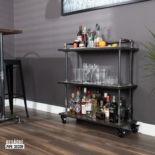 Three-tier Wood Shelf Industrial Bar Cart with Locking Wheels, Boulder Black