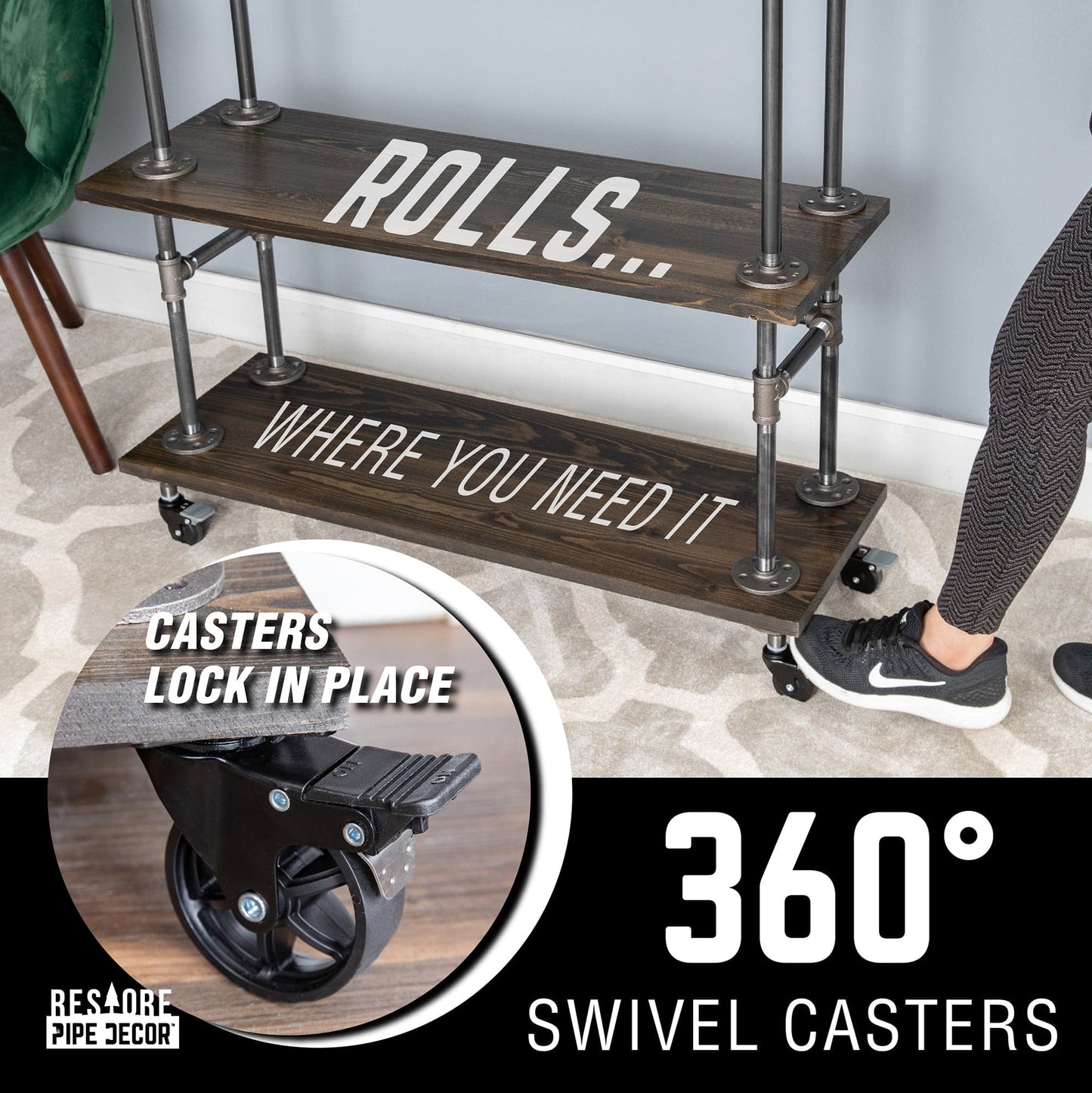 Three-tier Wood Shelf Industrial Bar Cart with Locking Wheels, Boulder Black