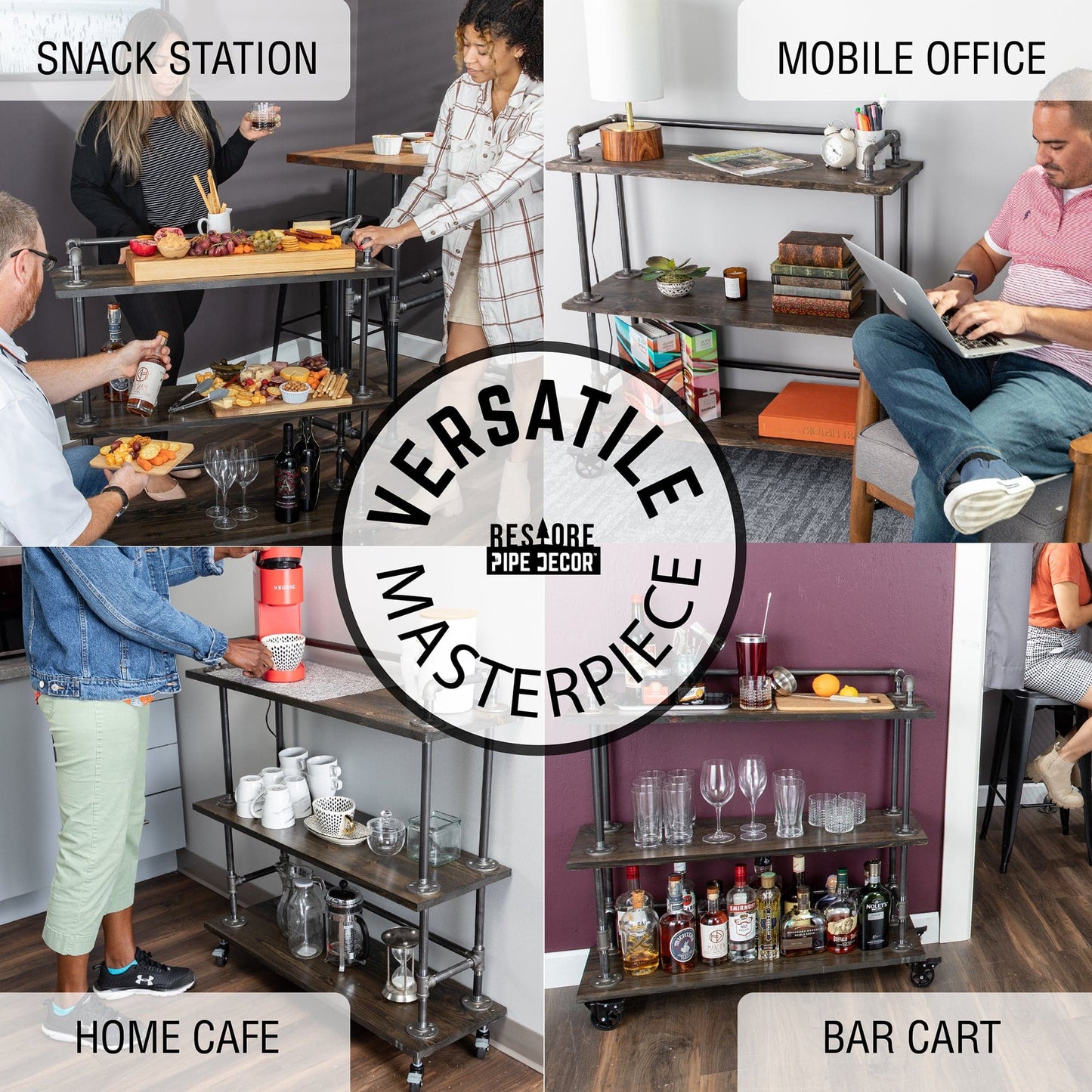 Three-tier Wood Shelf Industrial Bar Cart with Locking Wheels, Boulder Black