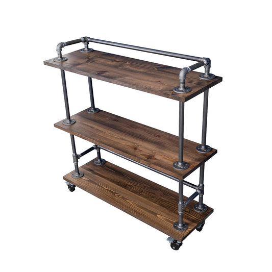 Three-tier Wood Shelf Industrial Bar Cart with Locking Wheels, Trail Brown