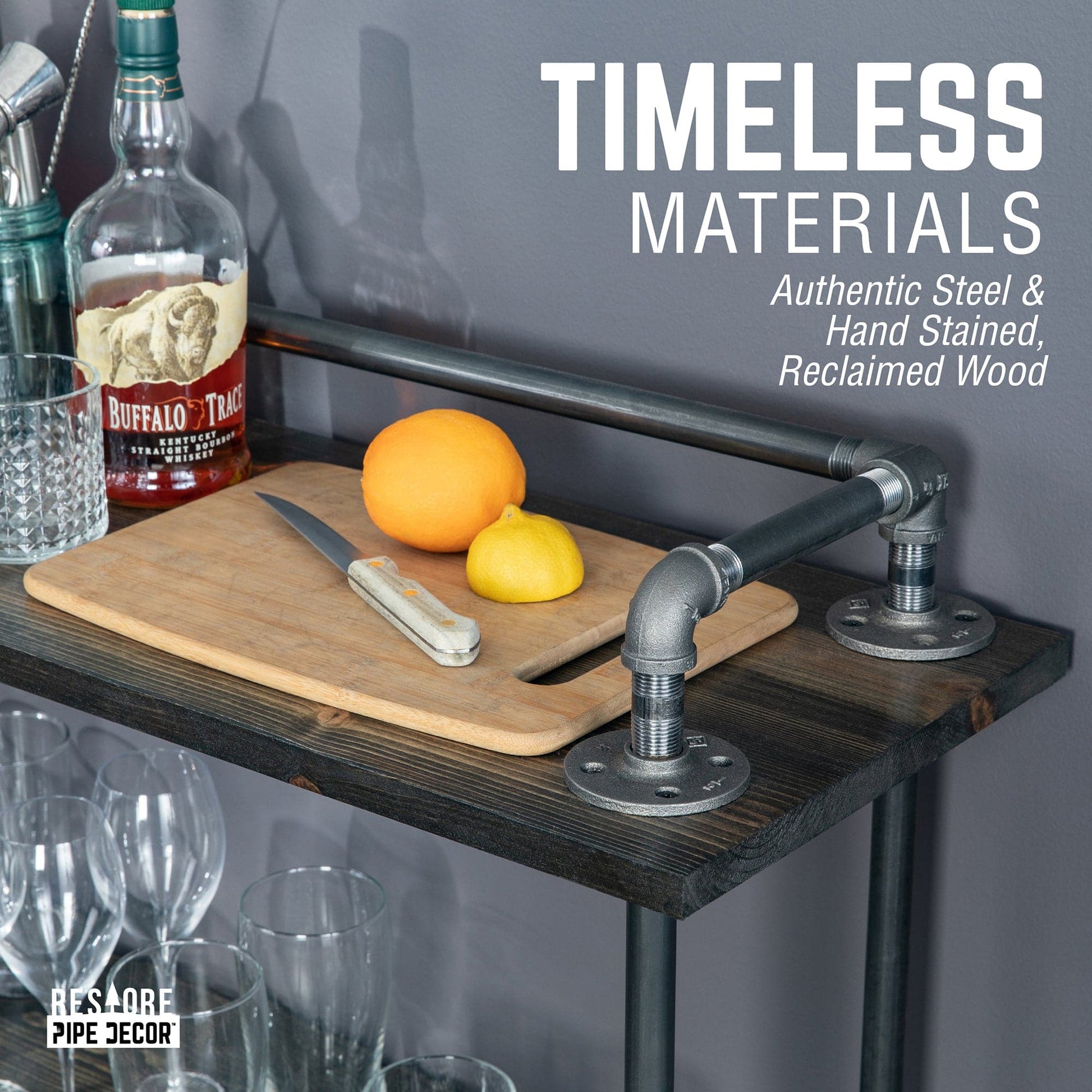 Three-tier Wood Shelf Industrial Bar Cart with Locking Wheels, Trail Brown