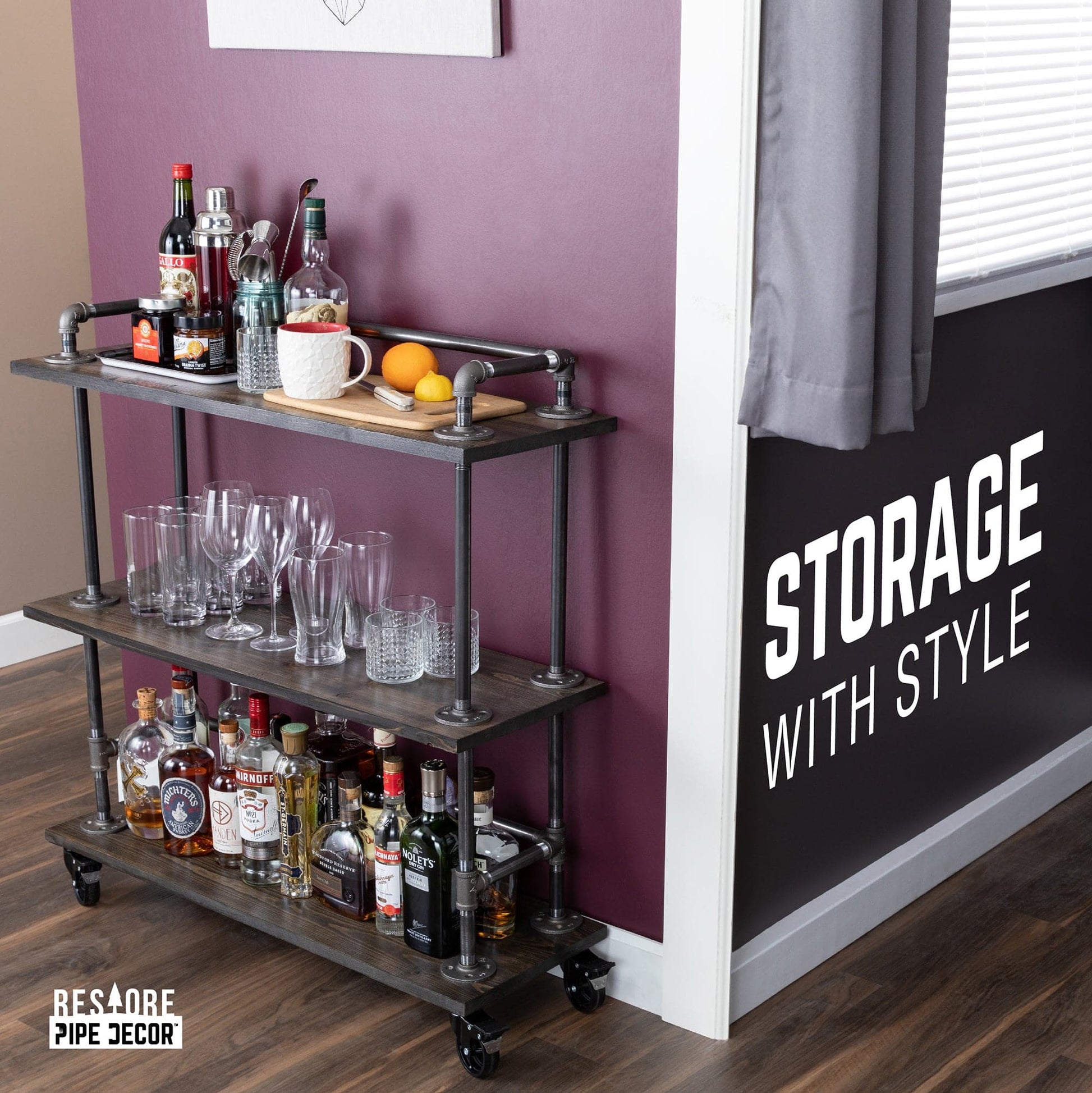 Three-tier Wood Shelf Industrial Bar Cart with Locking Wheels, Trail Brown