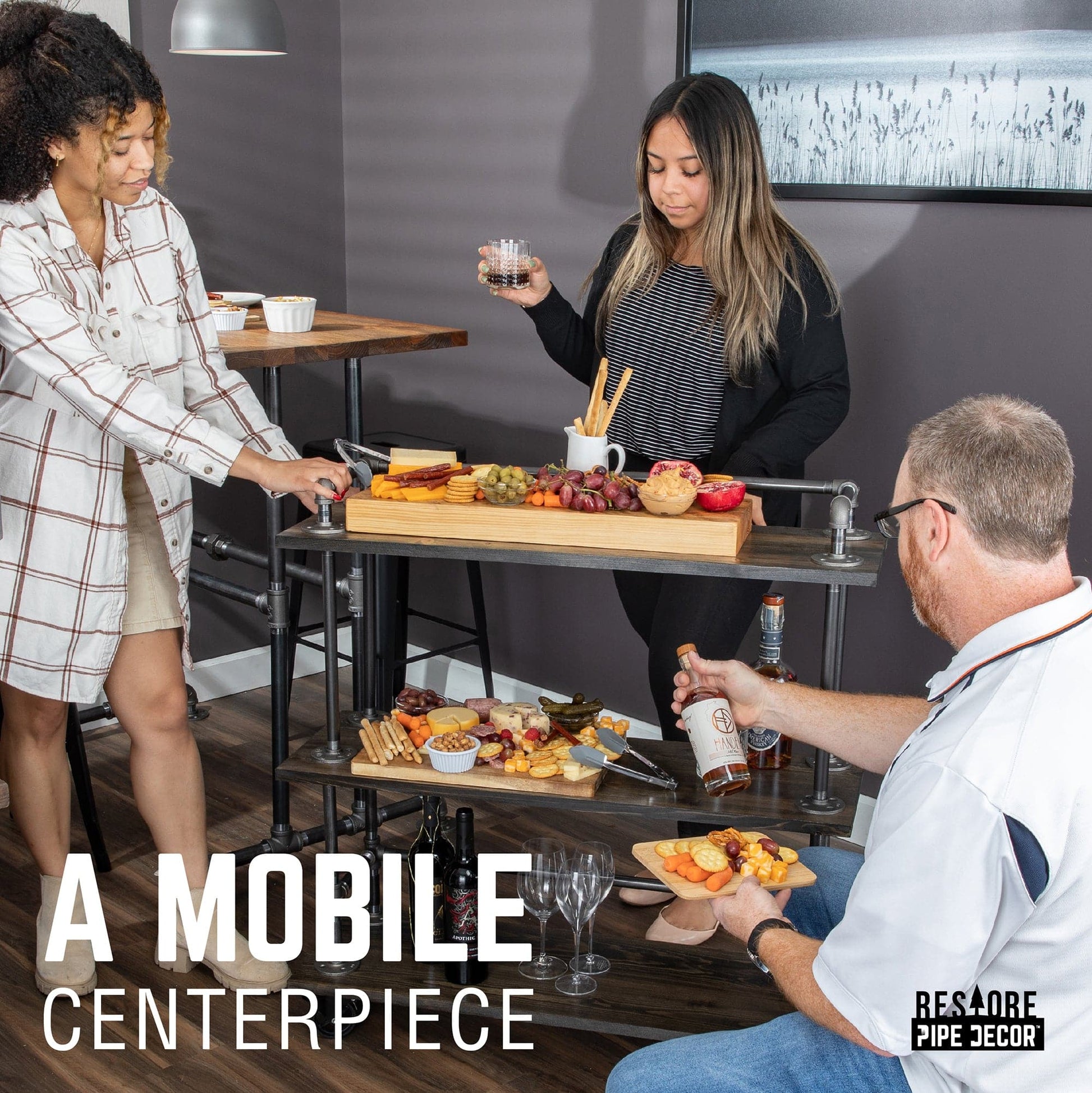 Three-tier Wood Shelf Industrial Bar Cart with Locking Wheels, Trail Brown