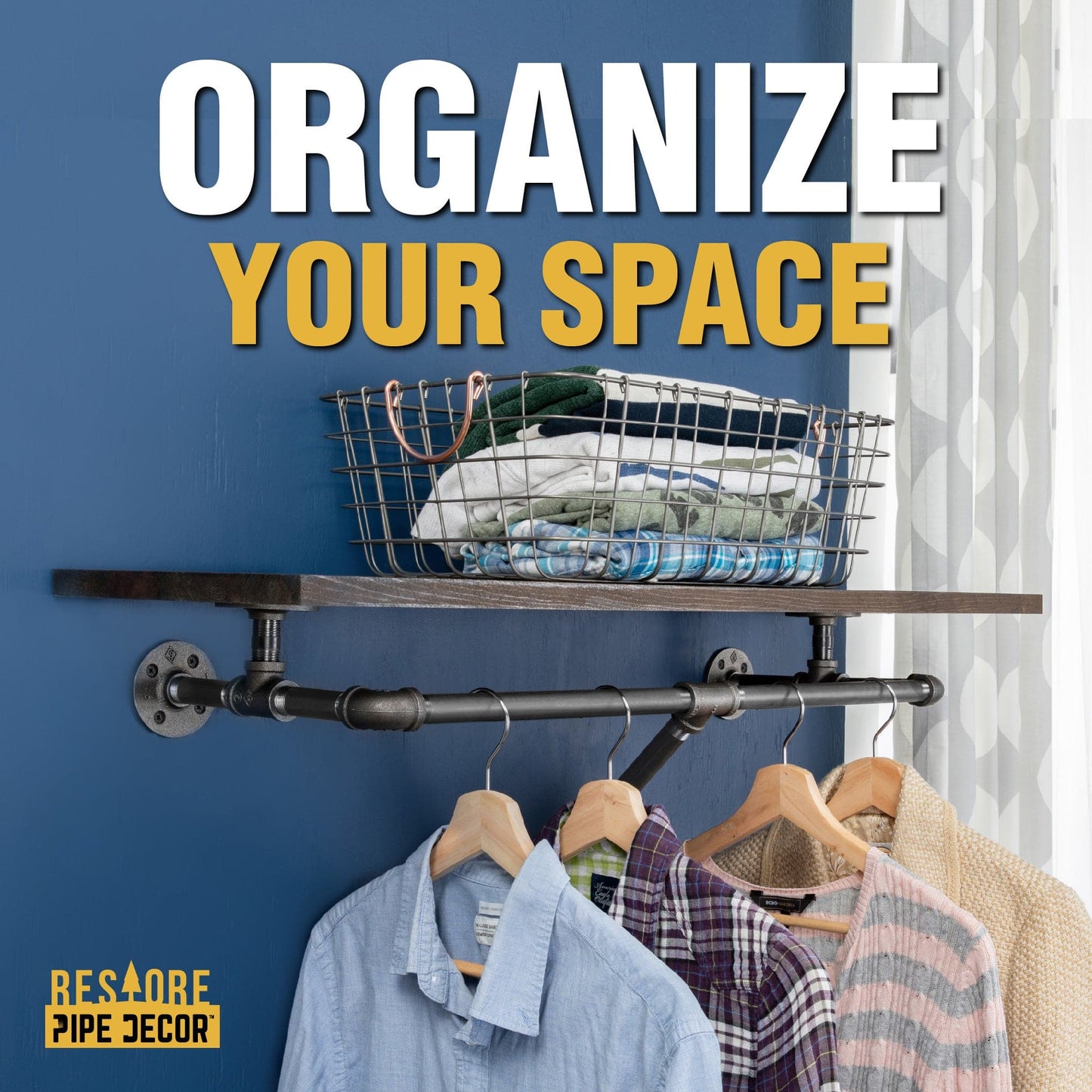 24 in. Wall Mounted Clothing Rack with Wood Shelf, Boulder Black