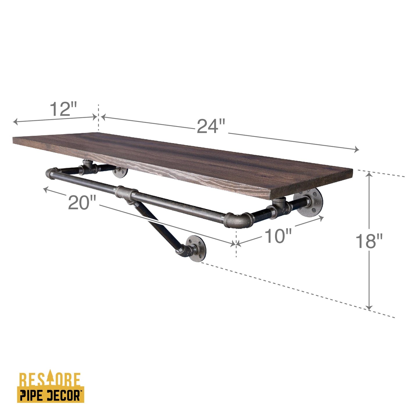 24 in. Wall Mounted Clothing Rack with Wood Shelf, Trail Brown