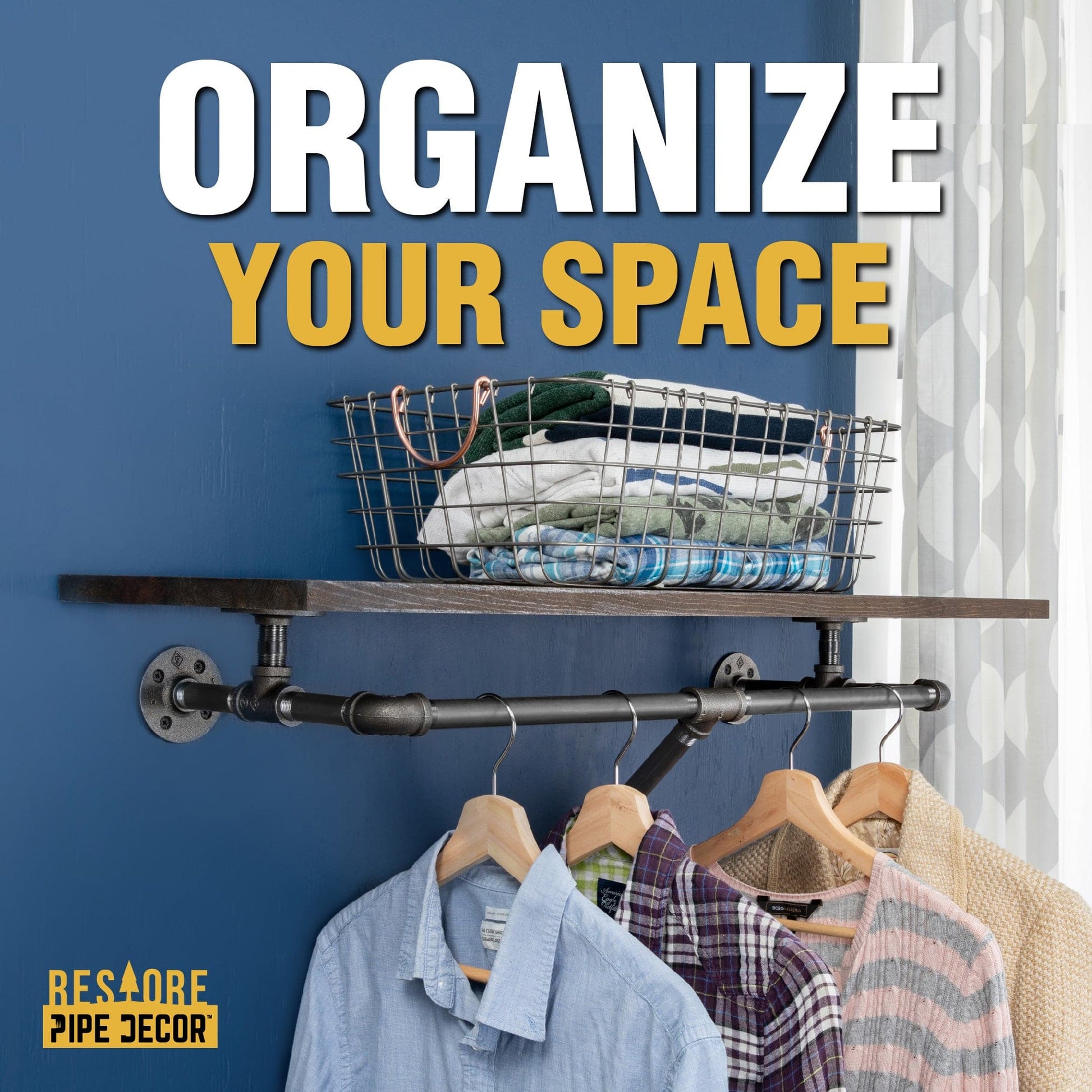 36 in. Wall Mounted Clothing Rack with Wood Shelf, Boulder Black