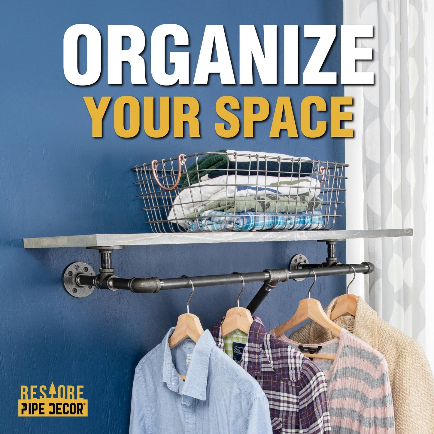 36 in. Wall Mounted Clothing Rack with Wood Shelf, Riverstone Grey