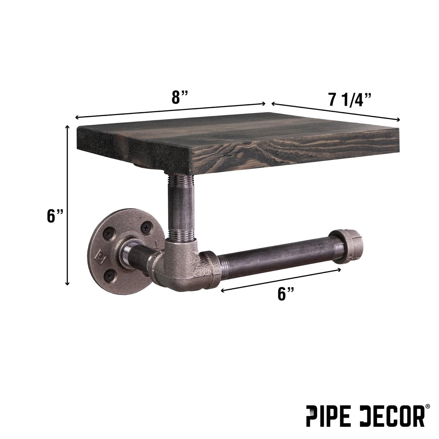 6 in. Wall-Mounted Pipe Toilet Paper Holder with Wood Shelf, Boulder Black