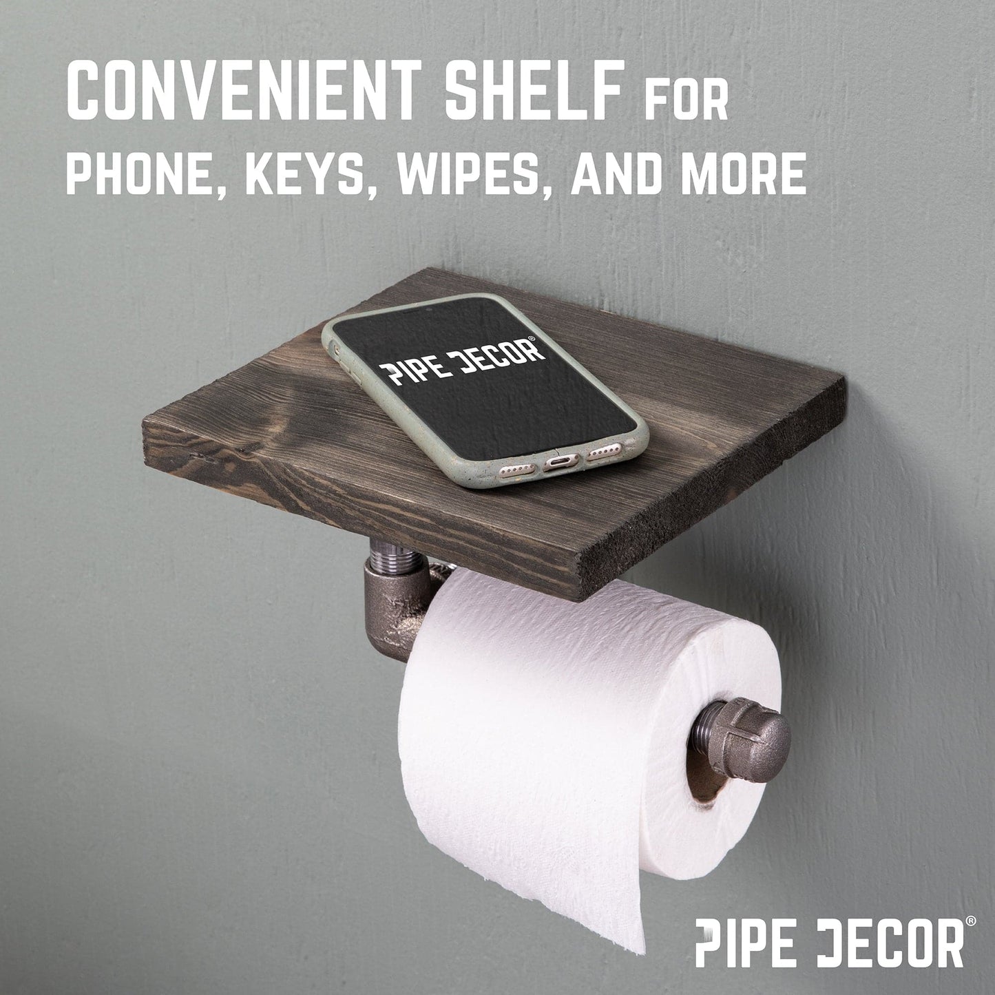 6 in. Wall-Mounted Pipe Toilet Paper Holder with Wood Shelf, Boulder Black