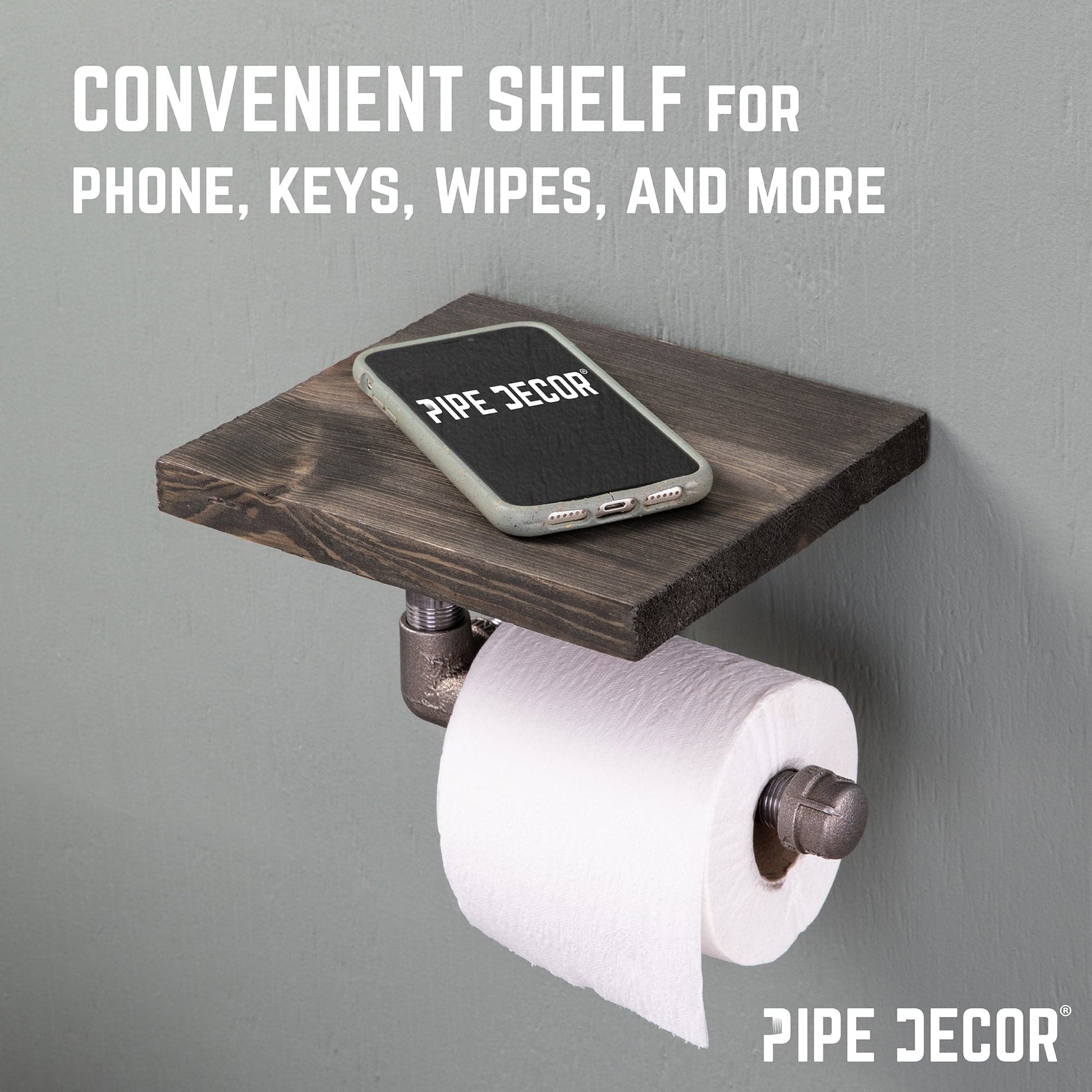 6 in. Wall-Mounted Pipe Toilet Paper Holder with Wood Shelf, Boulder Black