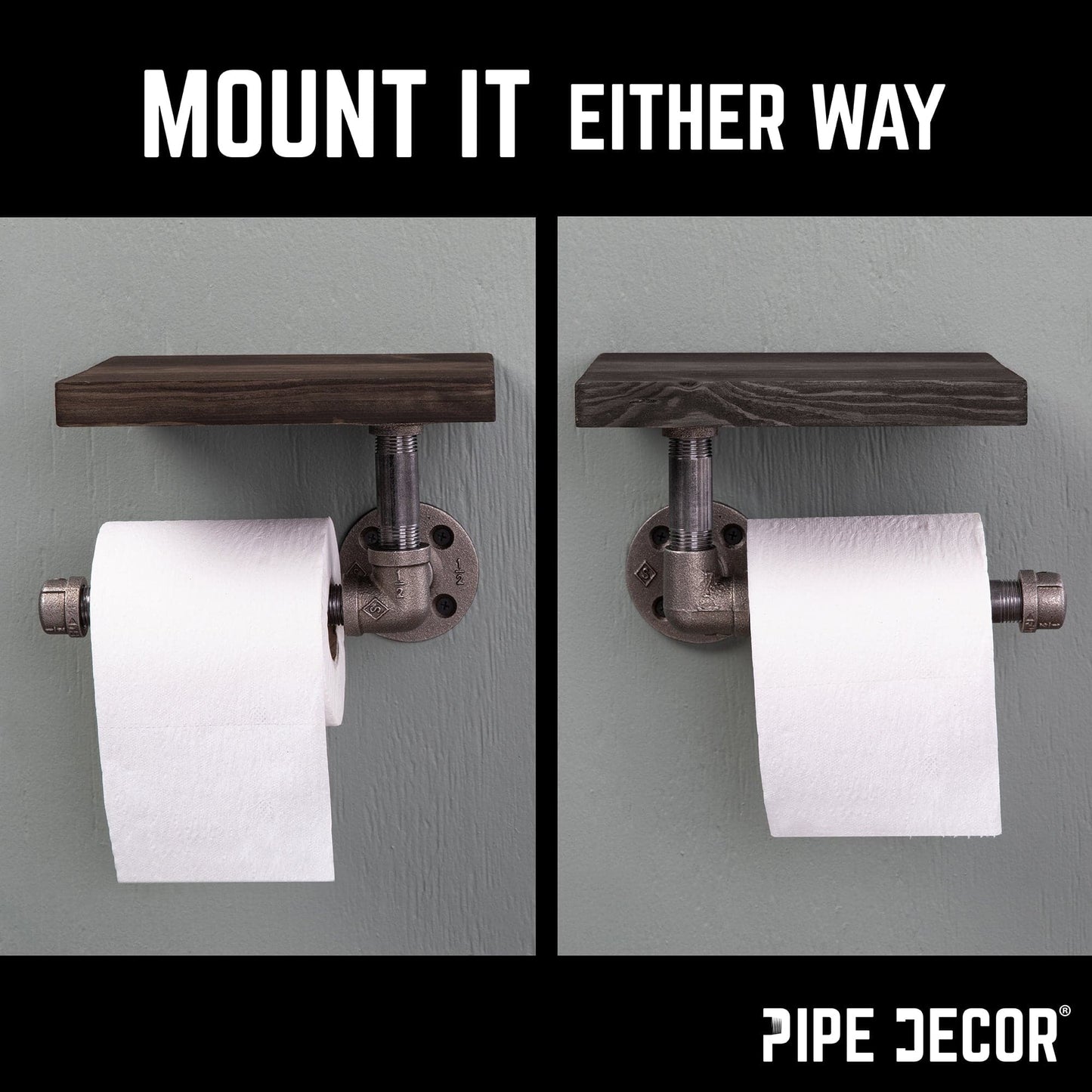 6 in. Wall-Mounted Pipe Toilet Paper Holder with Wood Shelf, Boulder Black