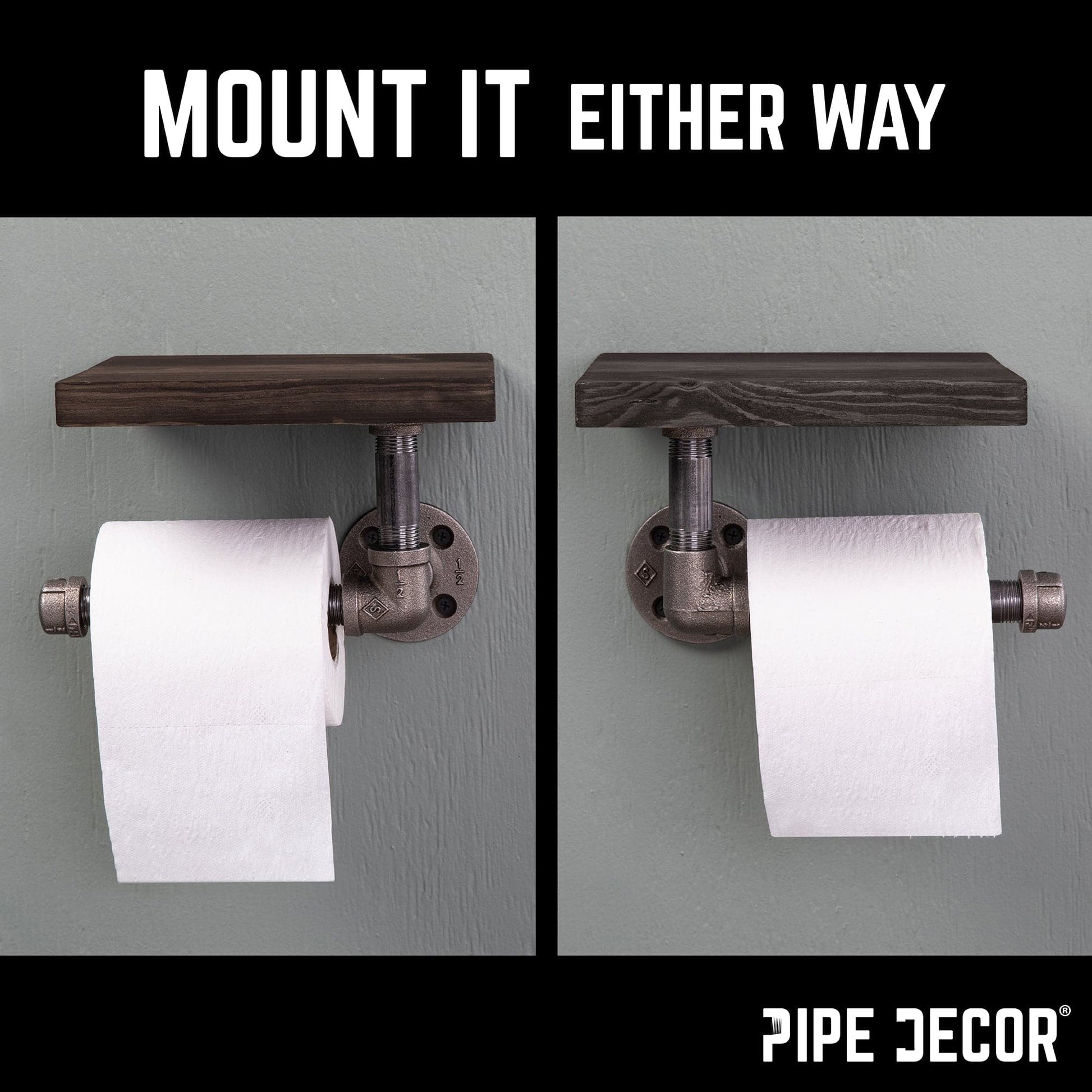 6 in. Wall-Mounted Pipe Toilet Paper Holder with Wood Shelf, Boulder Black