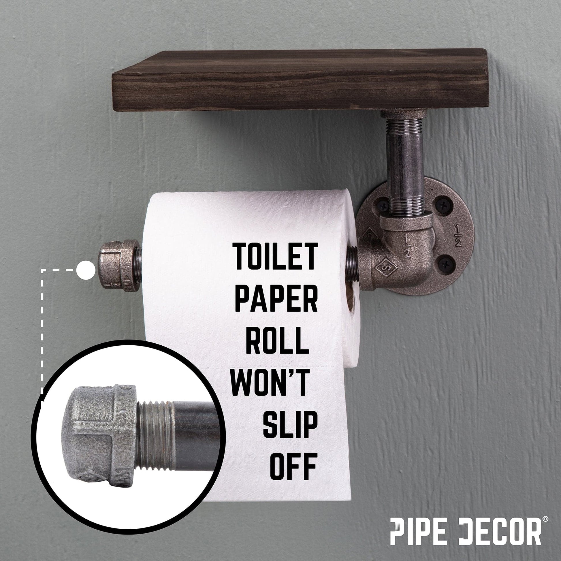 6 in. Wall-Mounted Pipe Toilet Paper Holder with Wood Shelf, Boulder Black