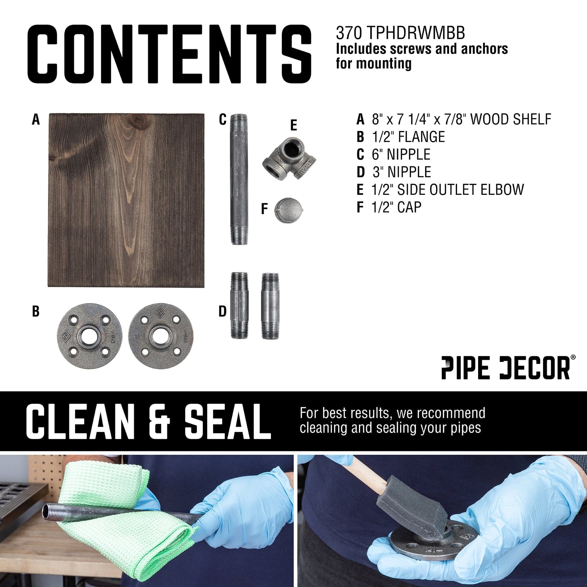 6 in. Wall-Mounted Pipe Toilet Paper Holder with Wood Shelf, Boulder Black