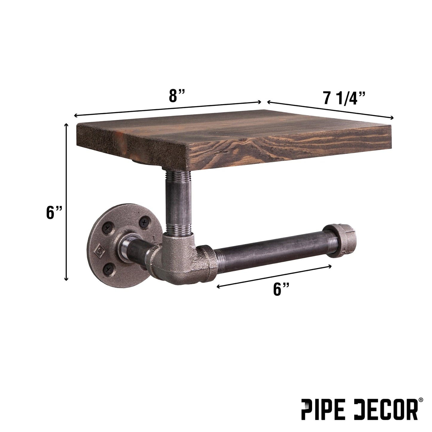 6 in. Wall-Mounted Pipe Toilet Paper Holder with Wood Shelf, Trail Brown