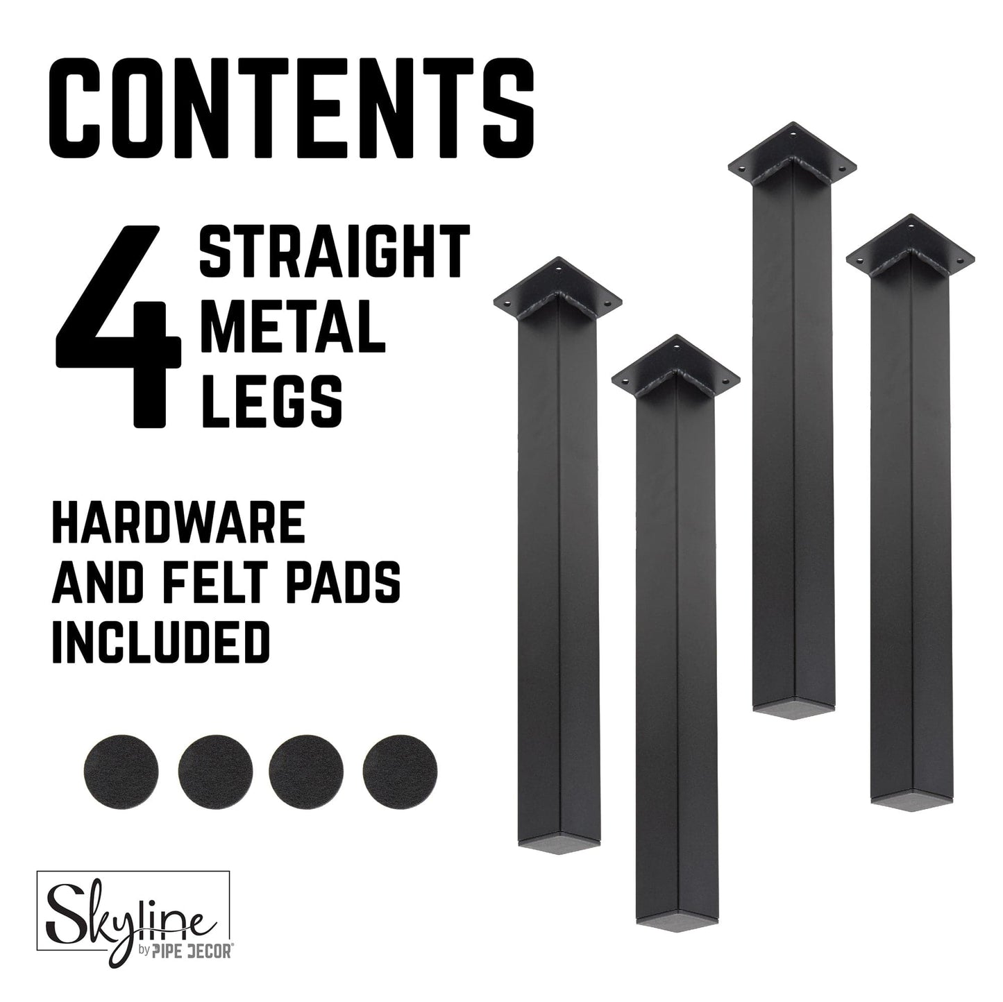 12 in. Skyline Matte Black Square Metal High-Rise Coffee Table Legs - 4 Pack