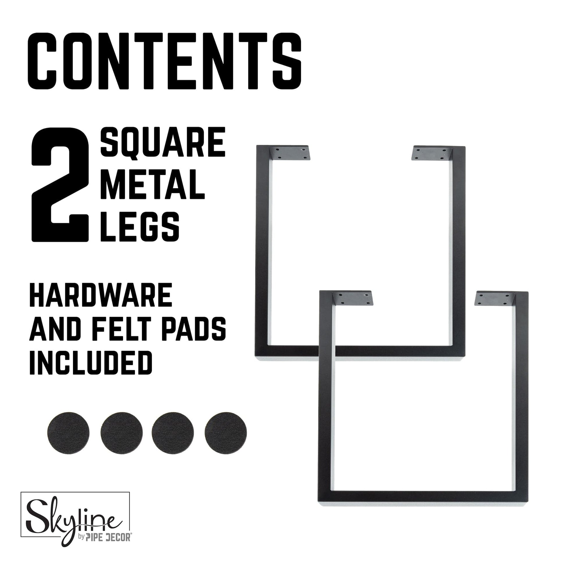 28 in. Skyline Matte Black Square Metal Landscape Dining or Desk Table Legs - 2 Pack