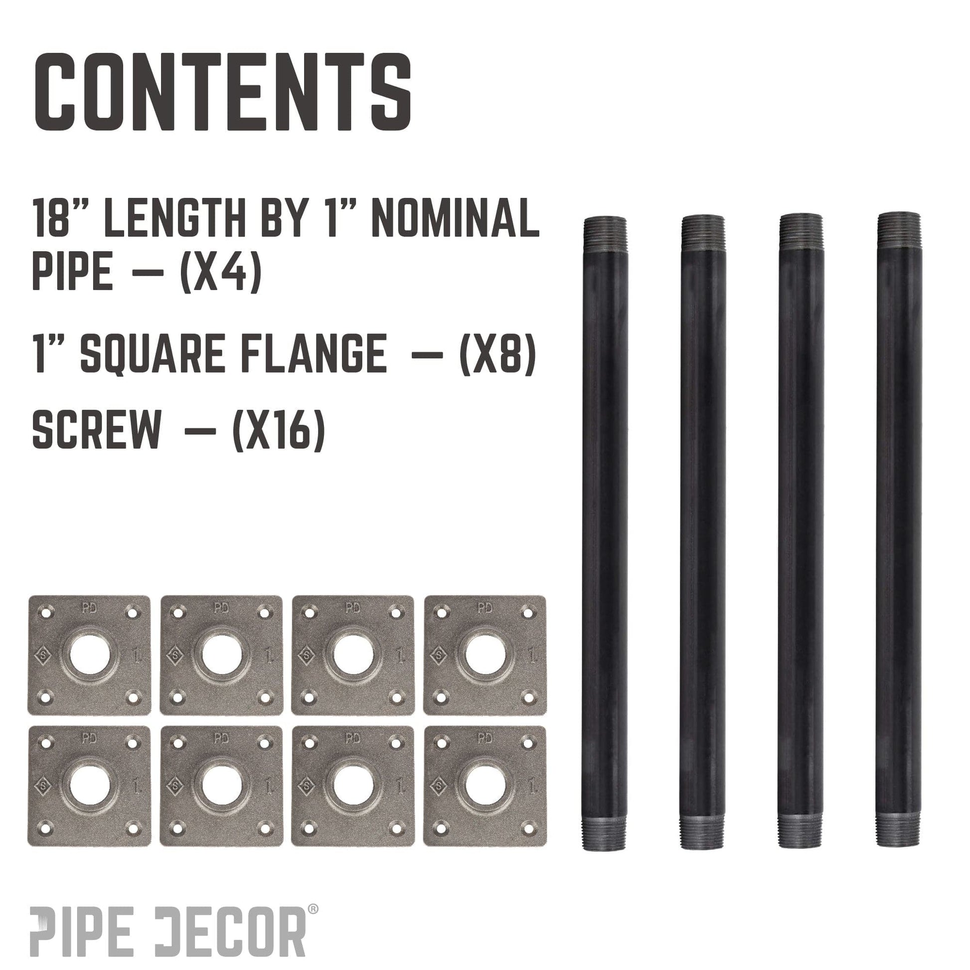 1 in. x 18 in. Square Flange Pipe Table Legs - 4 Pack