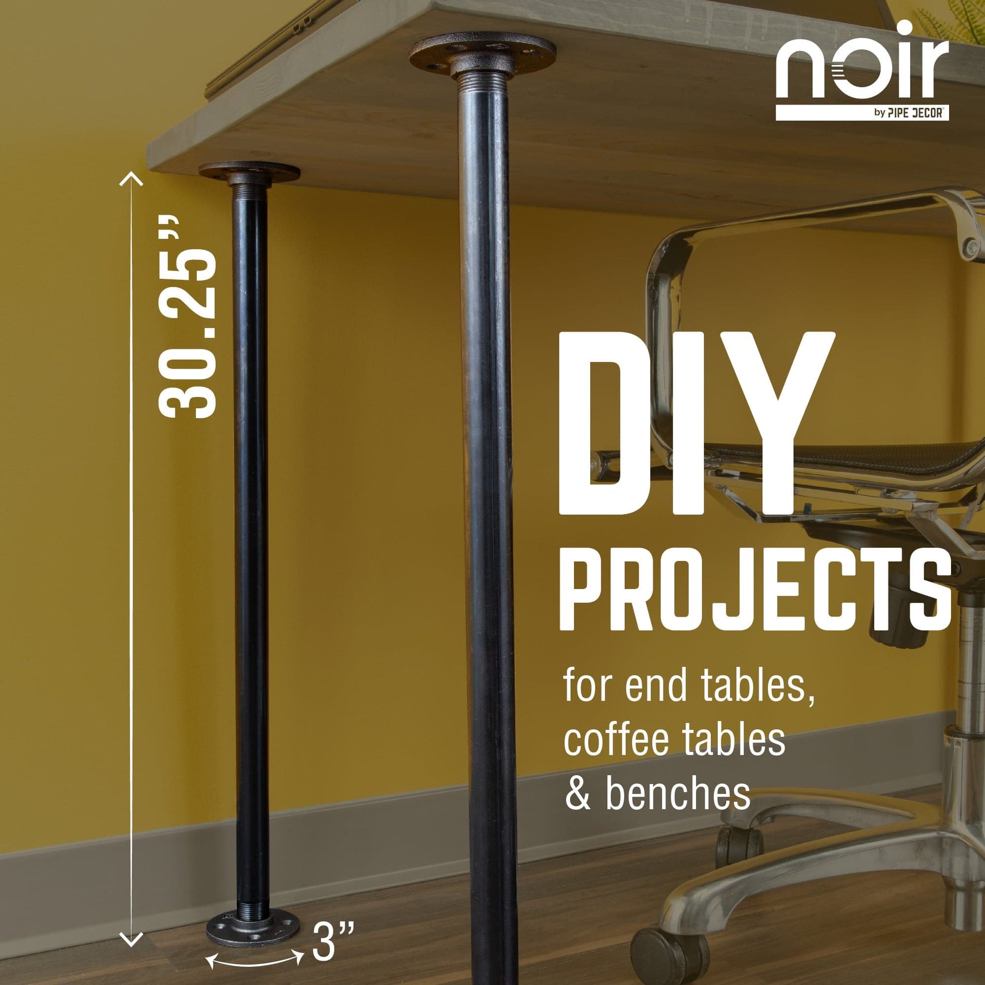 1 in. x 30 in.  Noir Black Round Flange Pipe Table Legs - 4 Pack