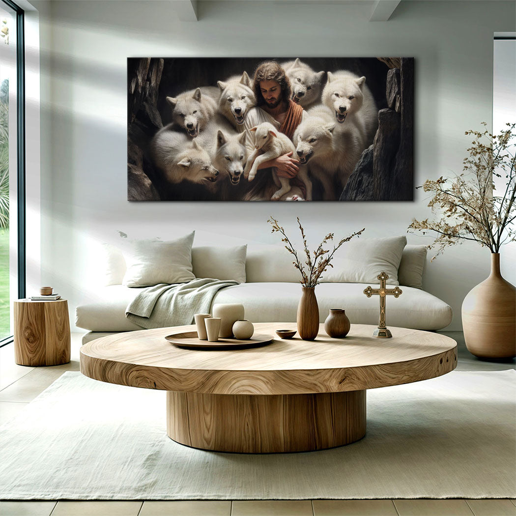 Jesus Protects The Lamb From Wolves Faith Wall Art IV