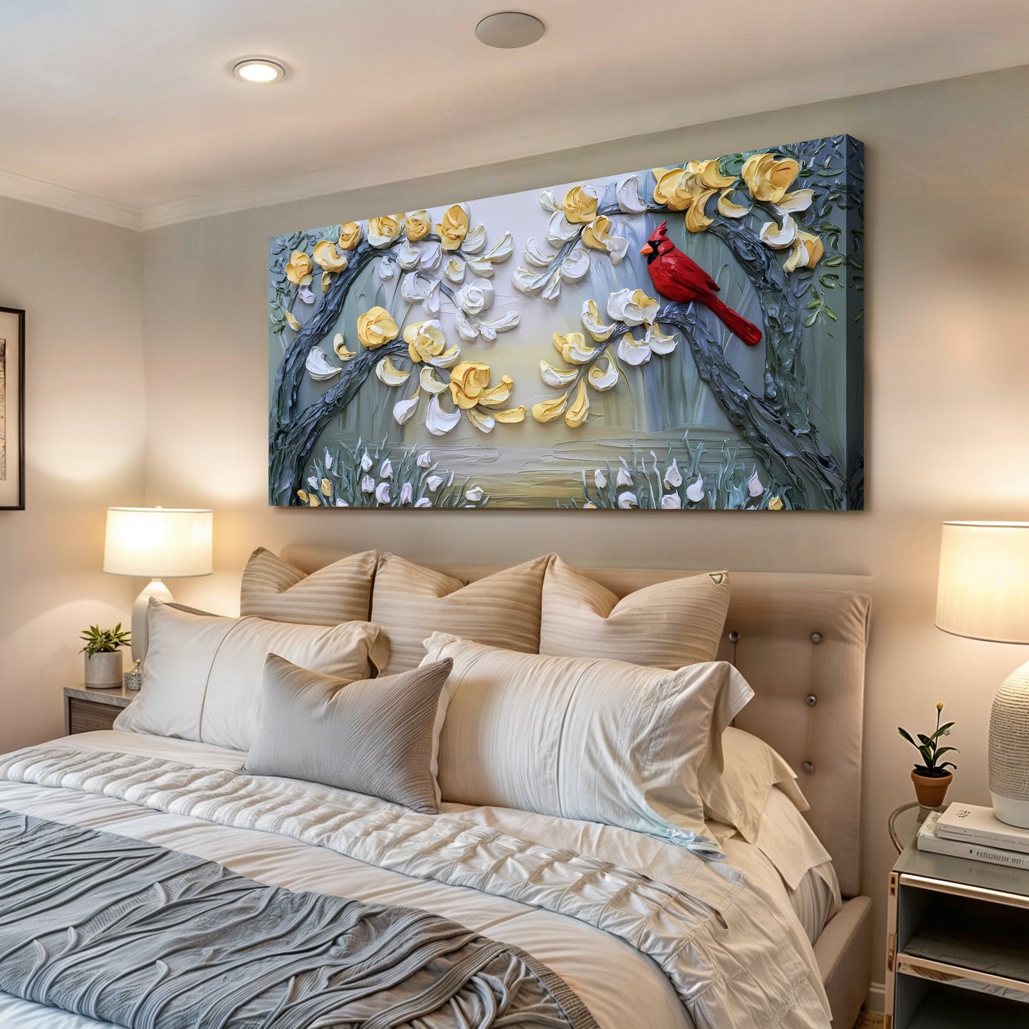 Golden Petals and Scarlet Wings Impasto Wall Art