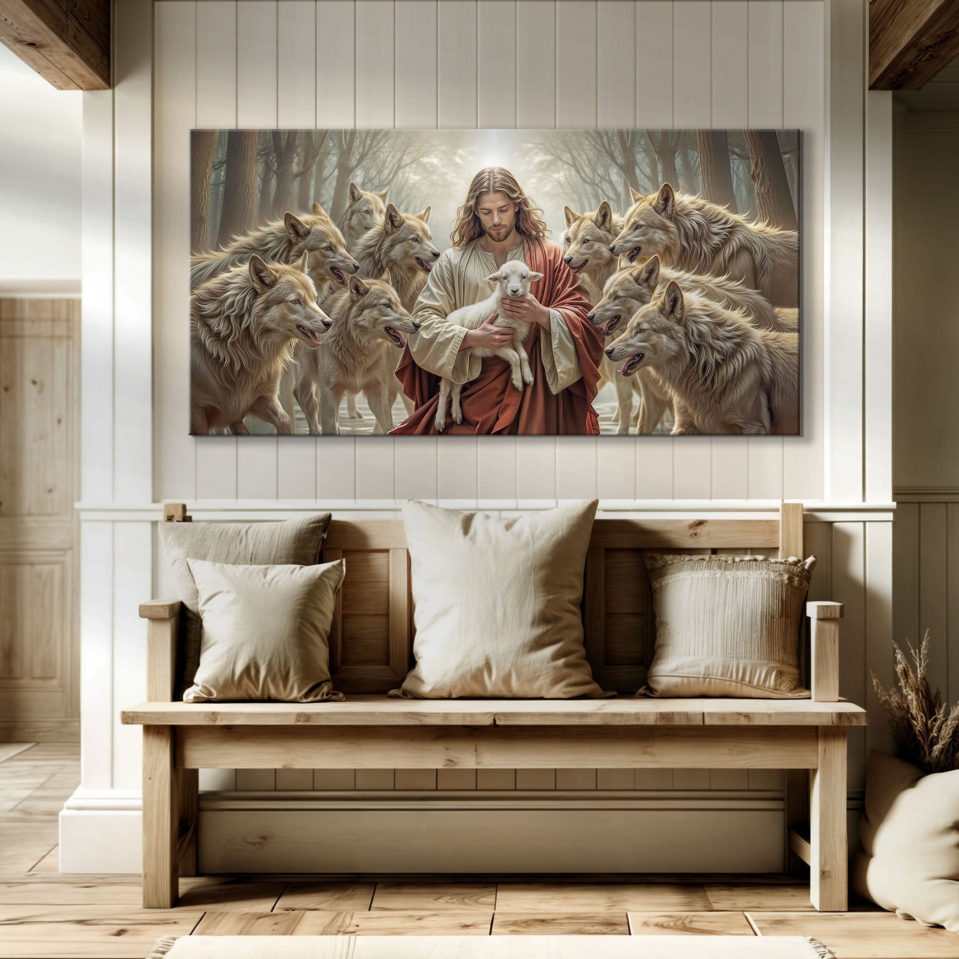 Jesus Protects The Lamb From Wolves Faith Wall Art II