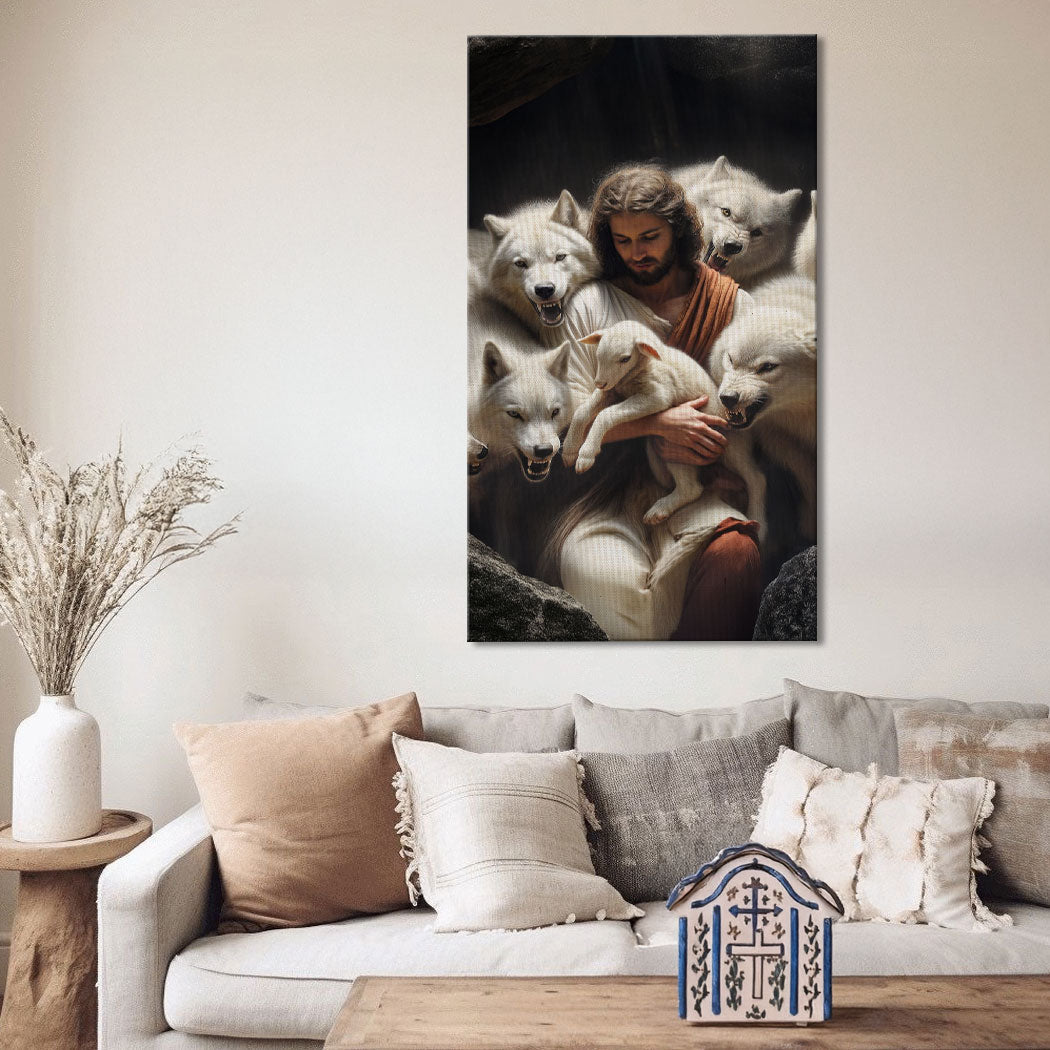 Jesus Protects The Lamb From Wolves Faith Wall Art