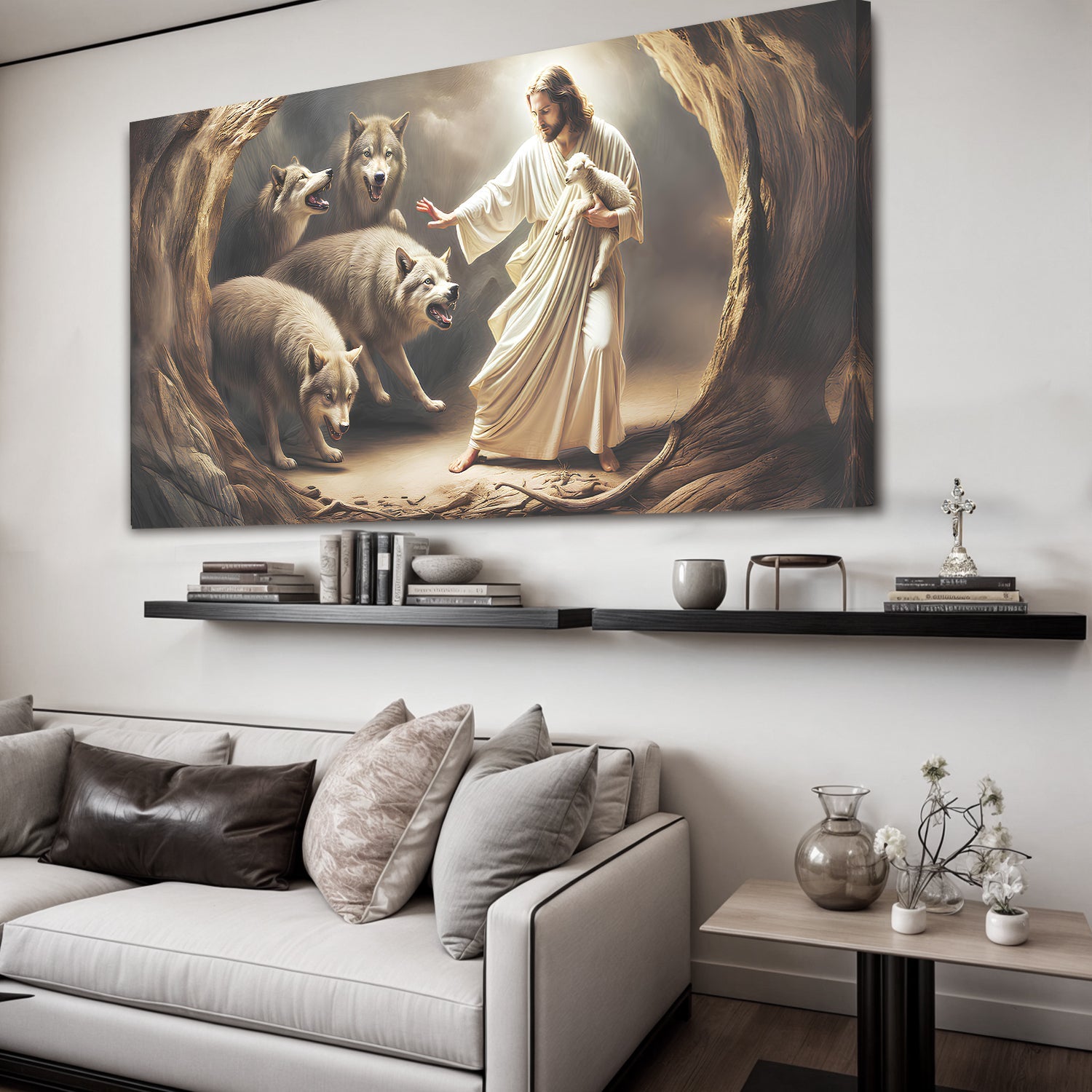 Jesus Protects The Lamb From Wolves Faith Wall Art III
