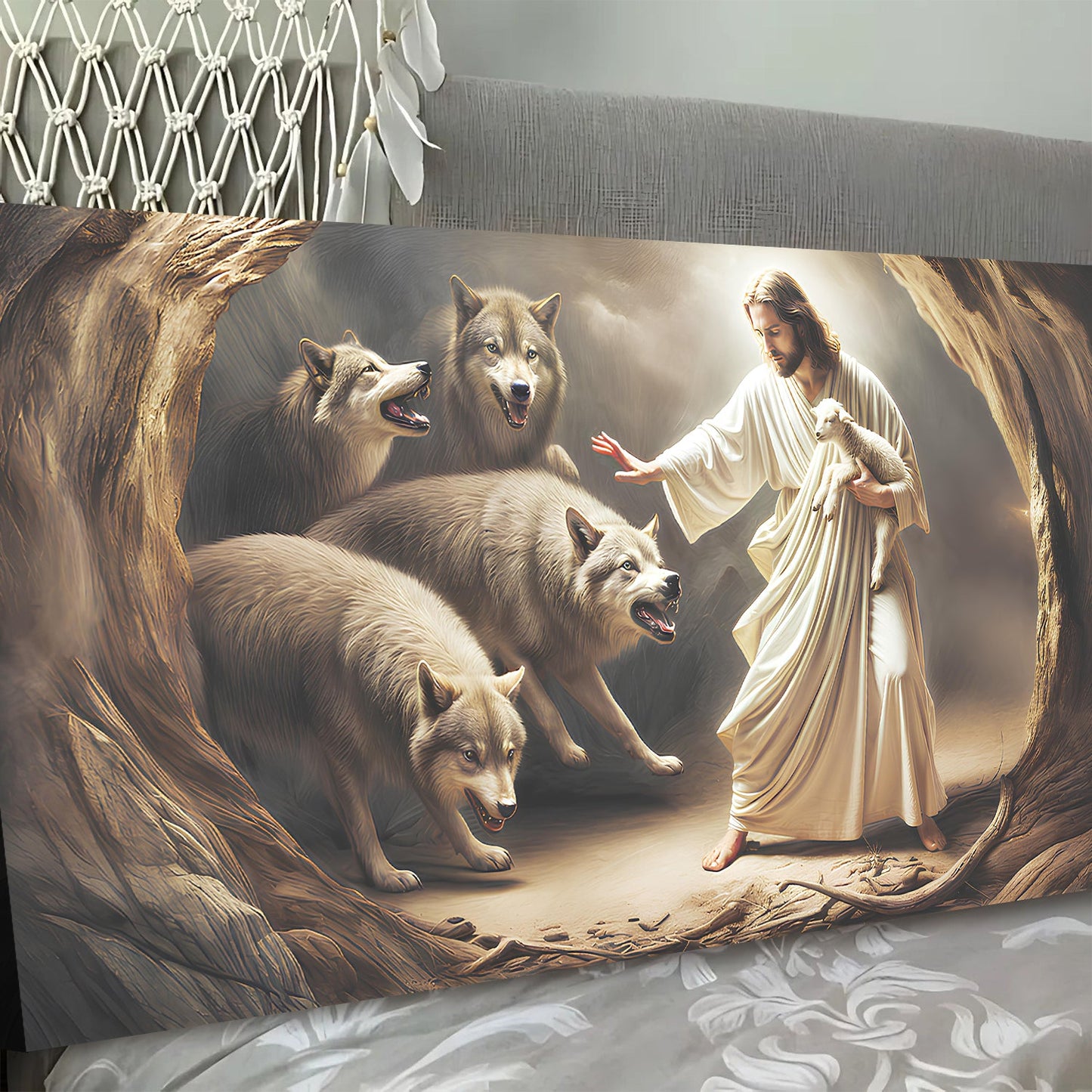 Jesus Protects The Lamb From Wolves Faith Wall Art III