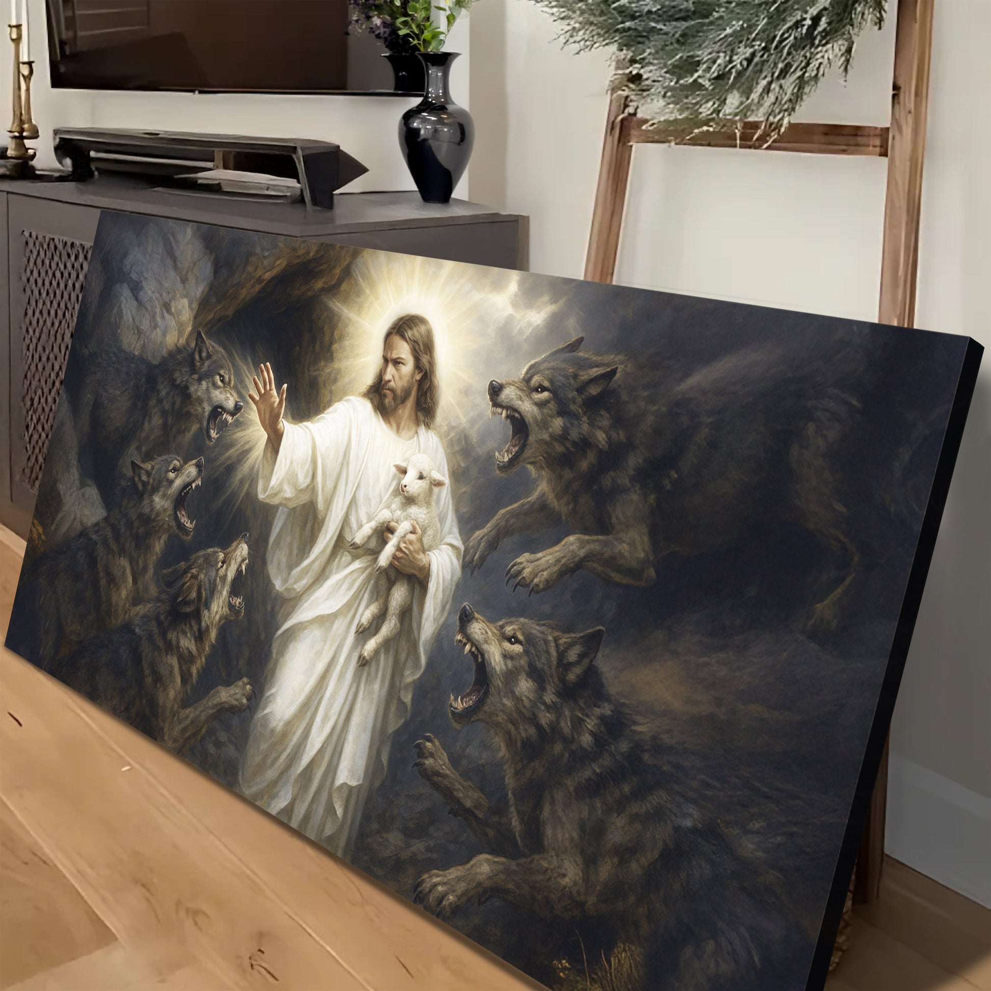 Jesus Protects The Lamb From Wolves Faith Wall Art XIV