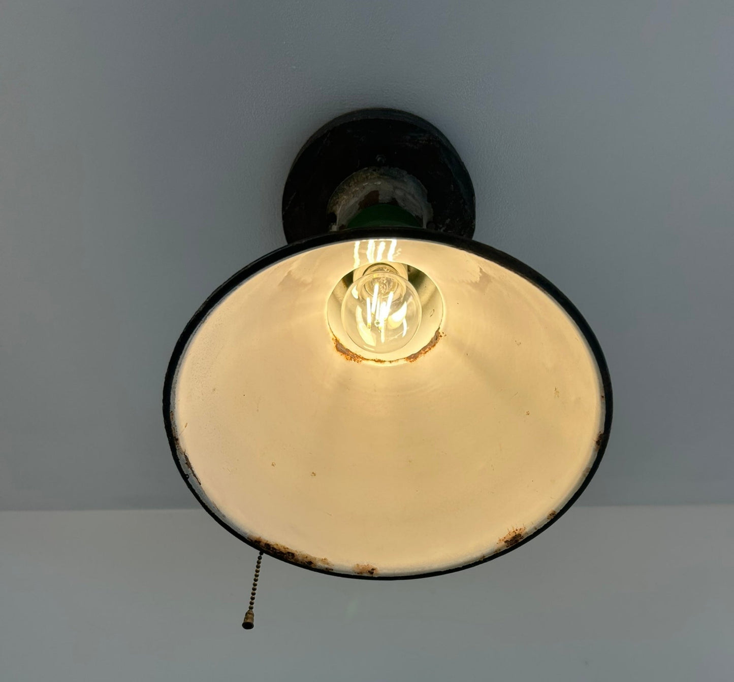 Original Vintage Rustic Industrial Green Enamel Gas Station Ceiling Light