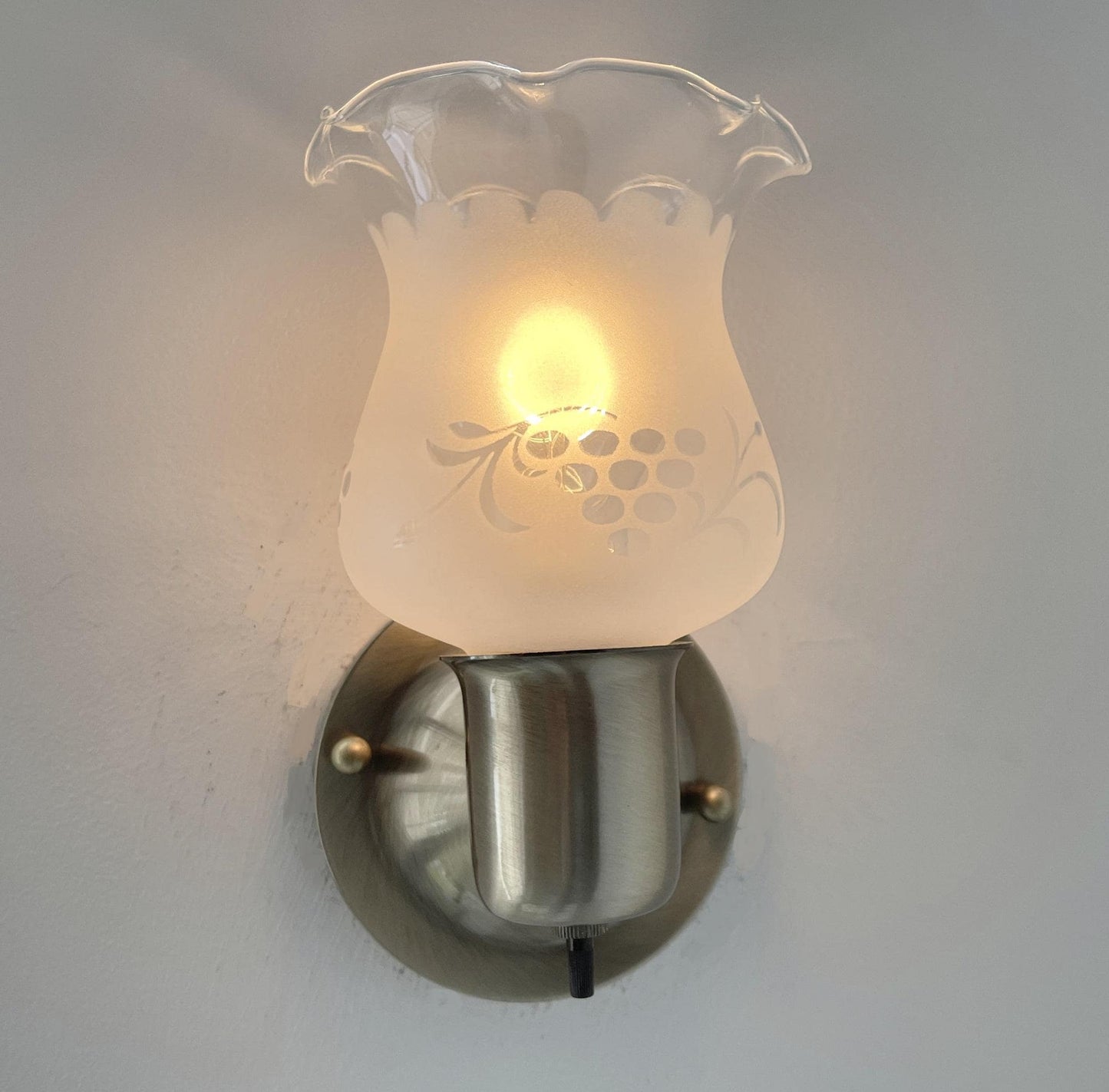 Etched Antique 1960's Glass Wall Sconce Light Fixture with On/Off Switch Antique Brass