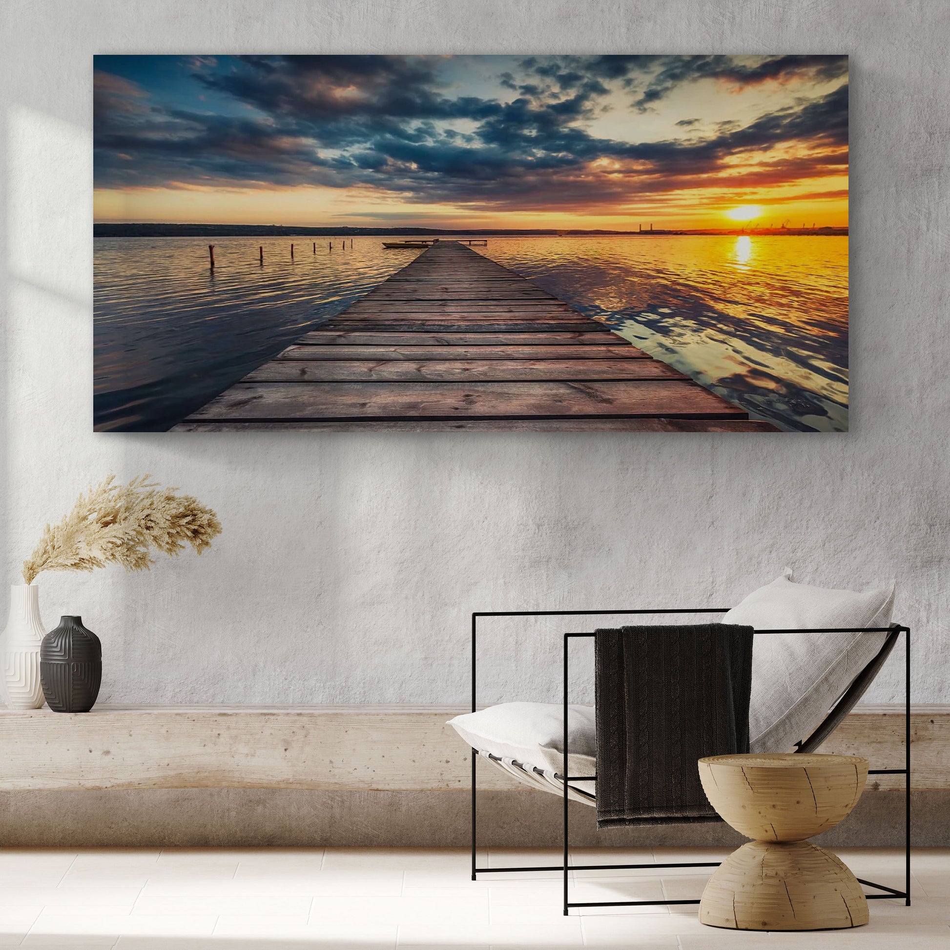 Small Dock By The Vibrant Lake Canvas Wall Art