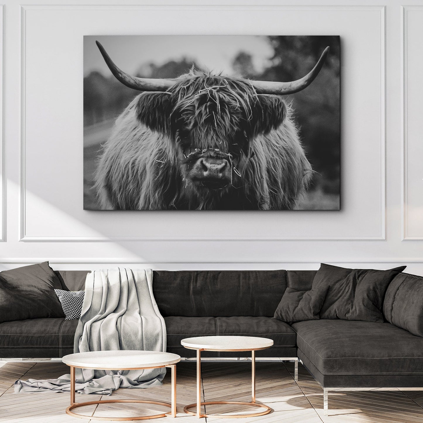 Highland Cow Rustic Gray Canvas Wall Art