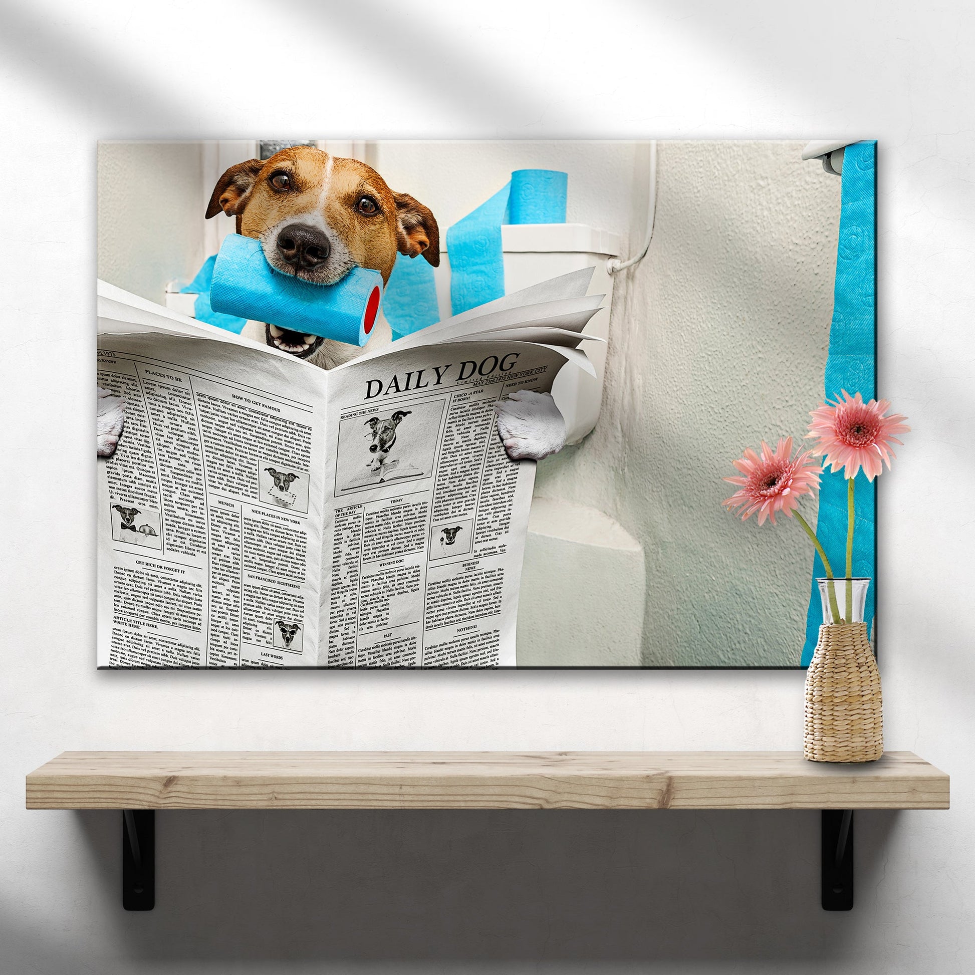 Dog Reading Newspaper On Toilet Canvas Wall Art
