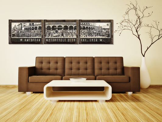 Vintage Motorcycle Club – Panoramic Vintage Motorcycles Venice California Wall Art (Triptych Metal Sign)