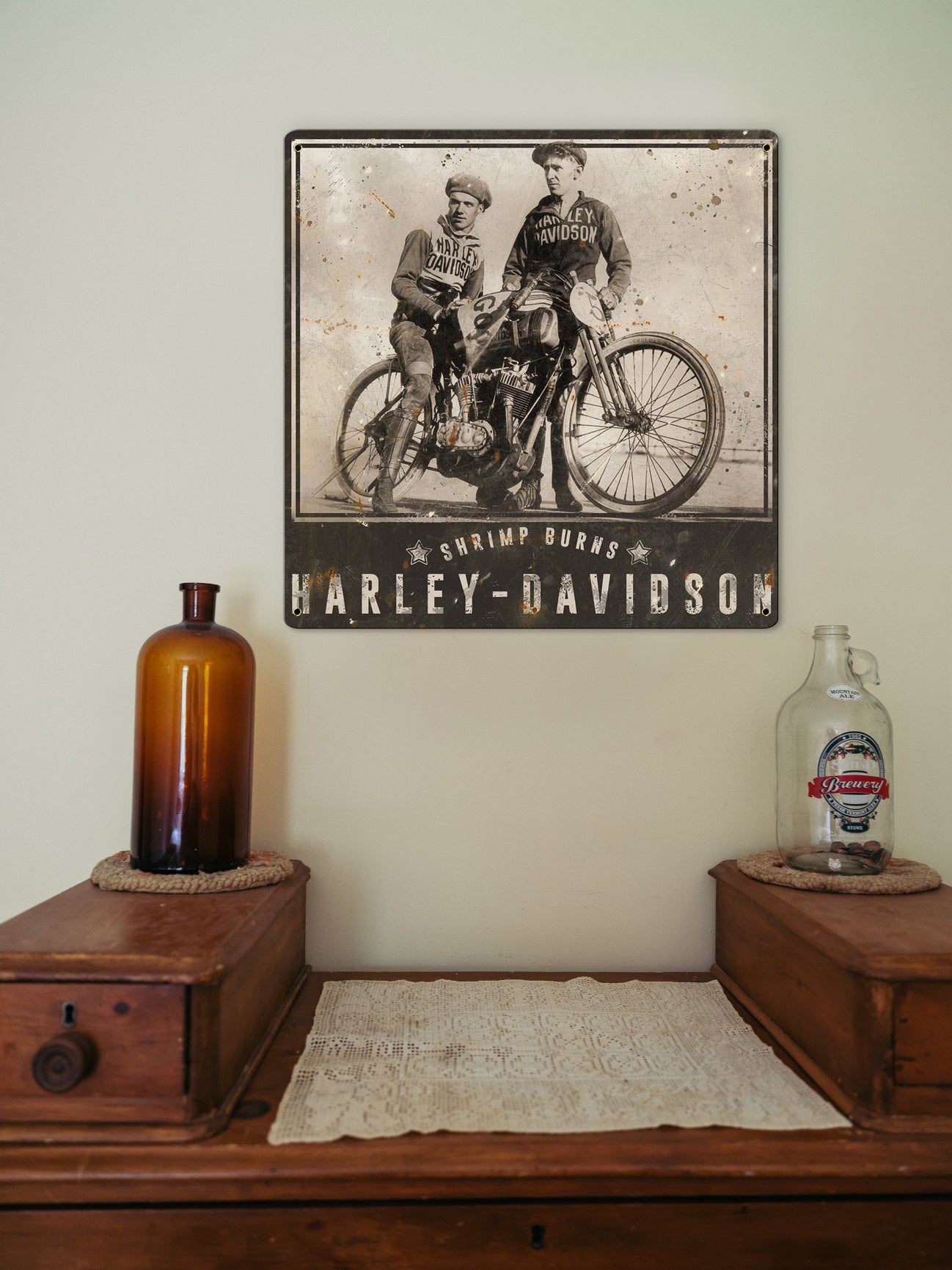 Harley Davidson Vintage Motorcycles Wall Art, Shrimp Burns, Wrecking Crew METAL Sign