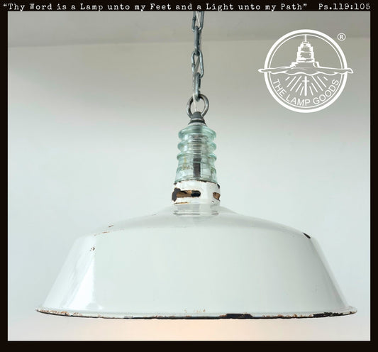 Antique White Enamel Pendant Light with Glass Insulator