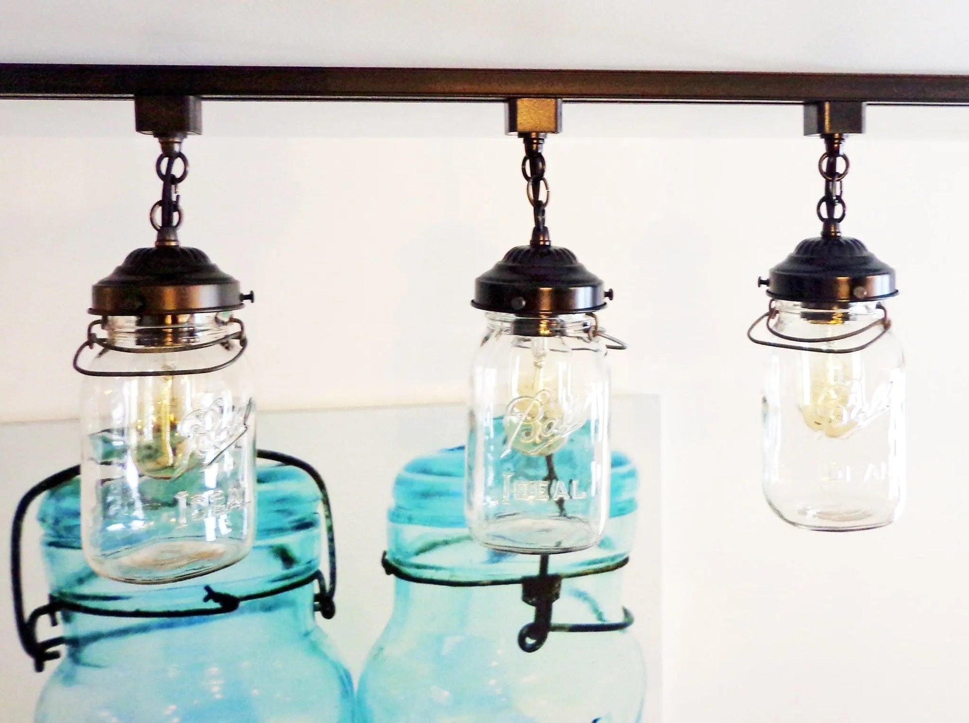 Rustic Mason Jar TRACK LIGHT Chain Trio of Vintage Quarts