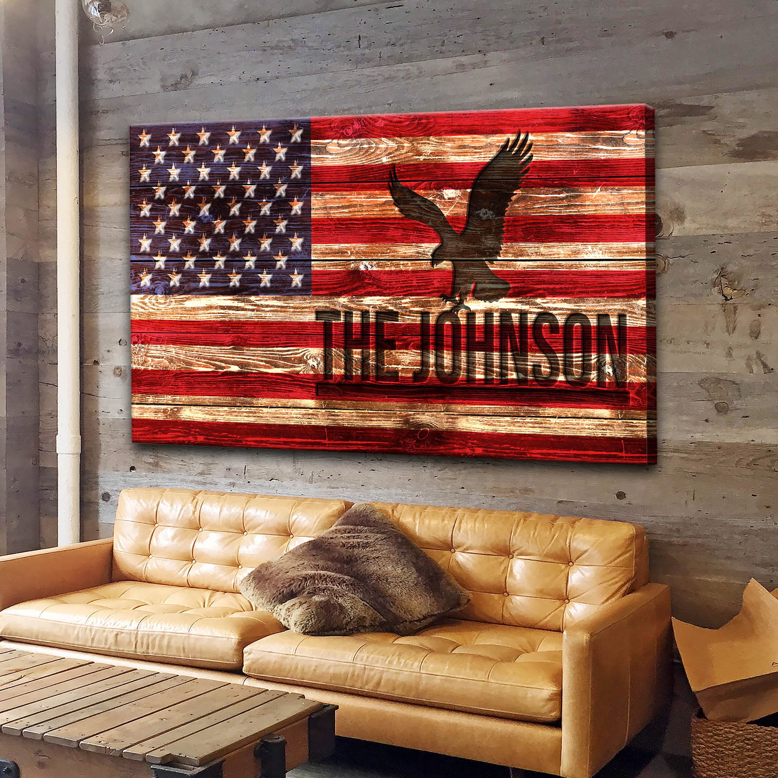 Rustic American Flag Family Name Sign