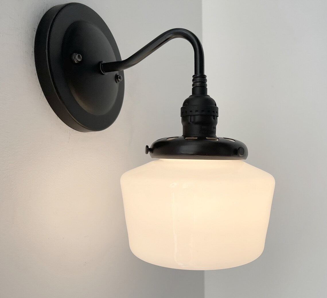 Small Schoolhouse Antique Milk Glass Wall Sconce Light