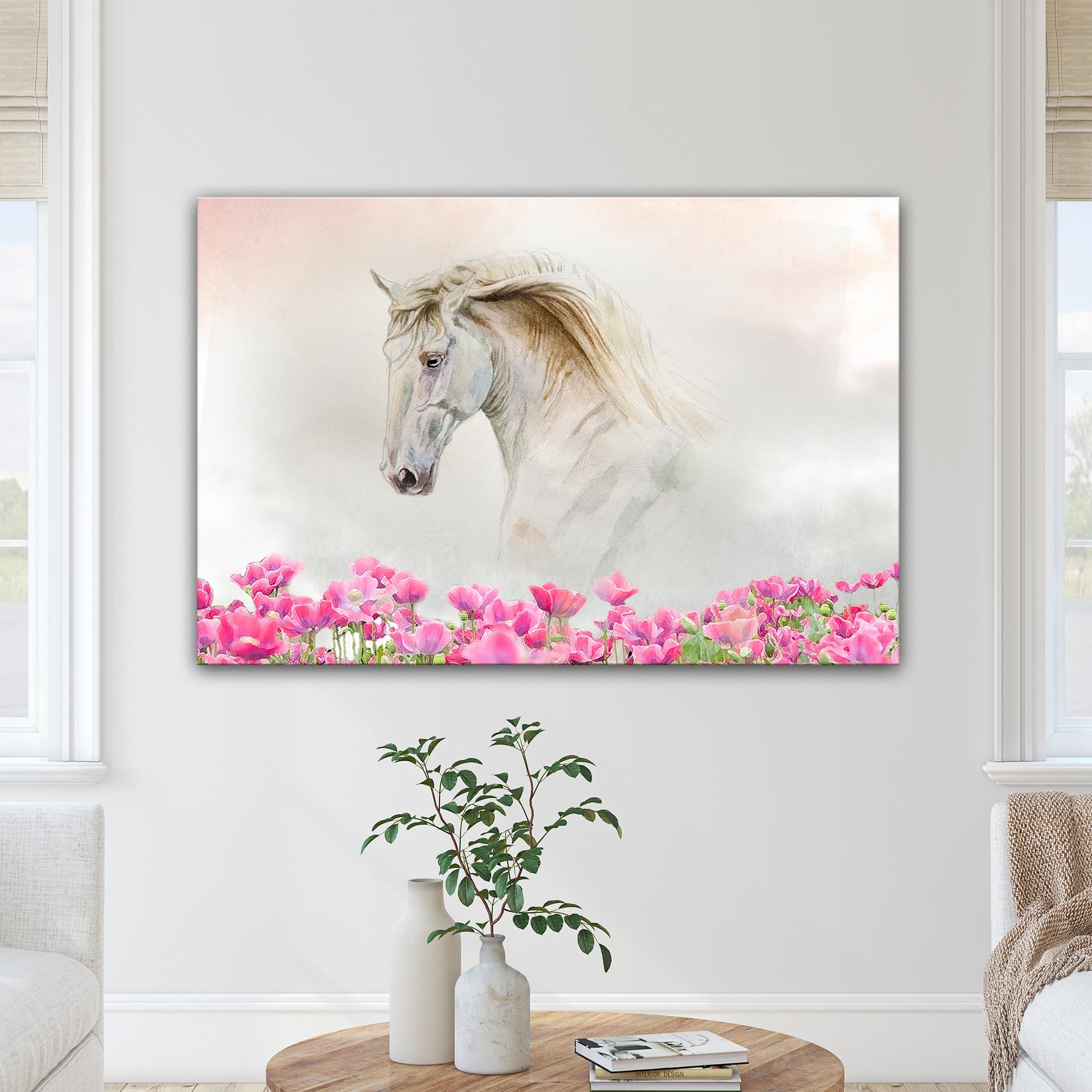 Floral White Horse Canvas Wall Art
