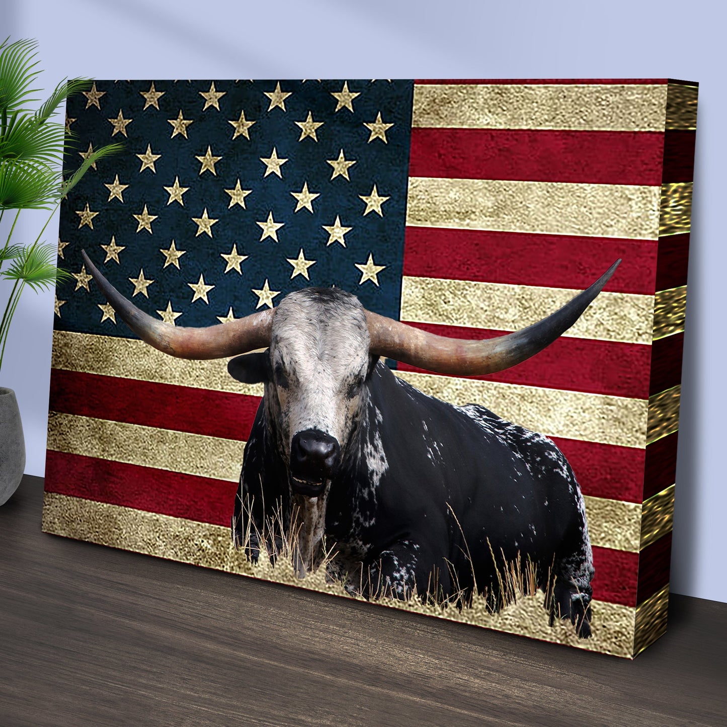Longhorn Cattle American Flag Canvas Wall Art